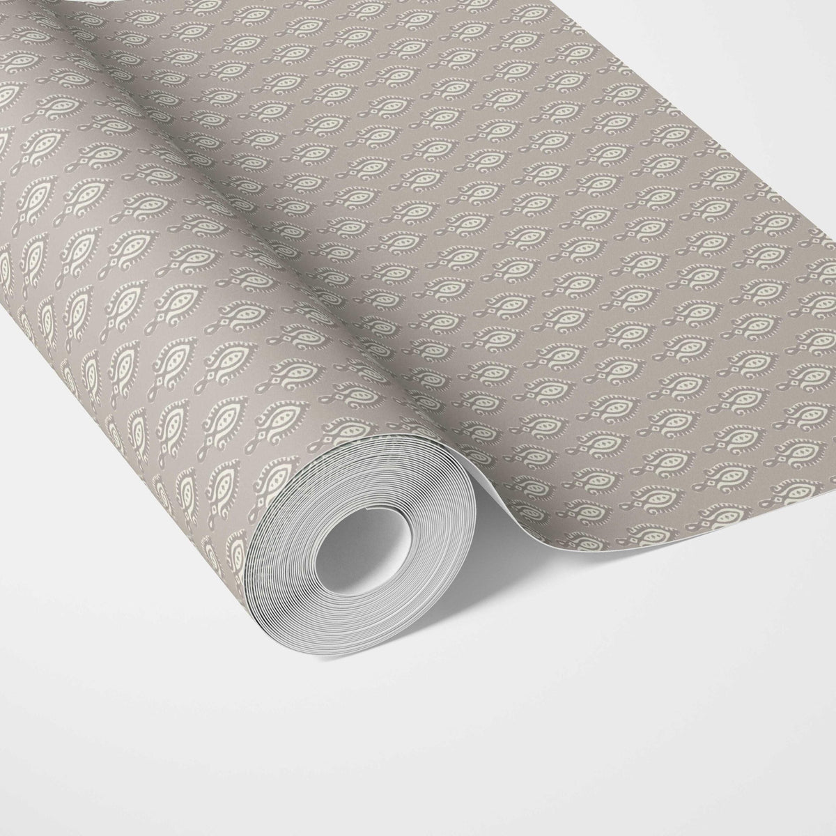 Neutral Textured Teardrop/ Paisley Block Print Traditional Wallpaper Sample (Gray/ Greige/ White)