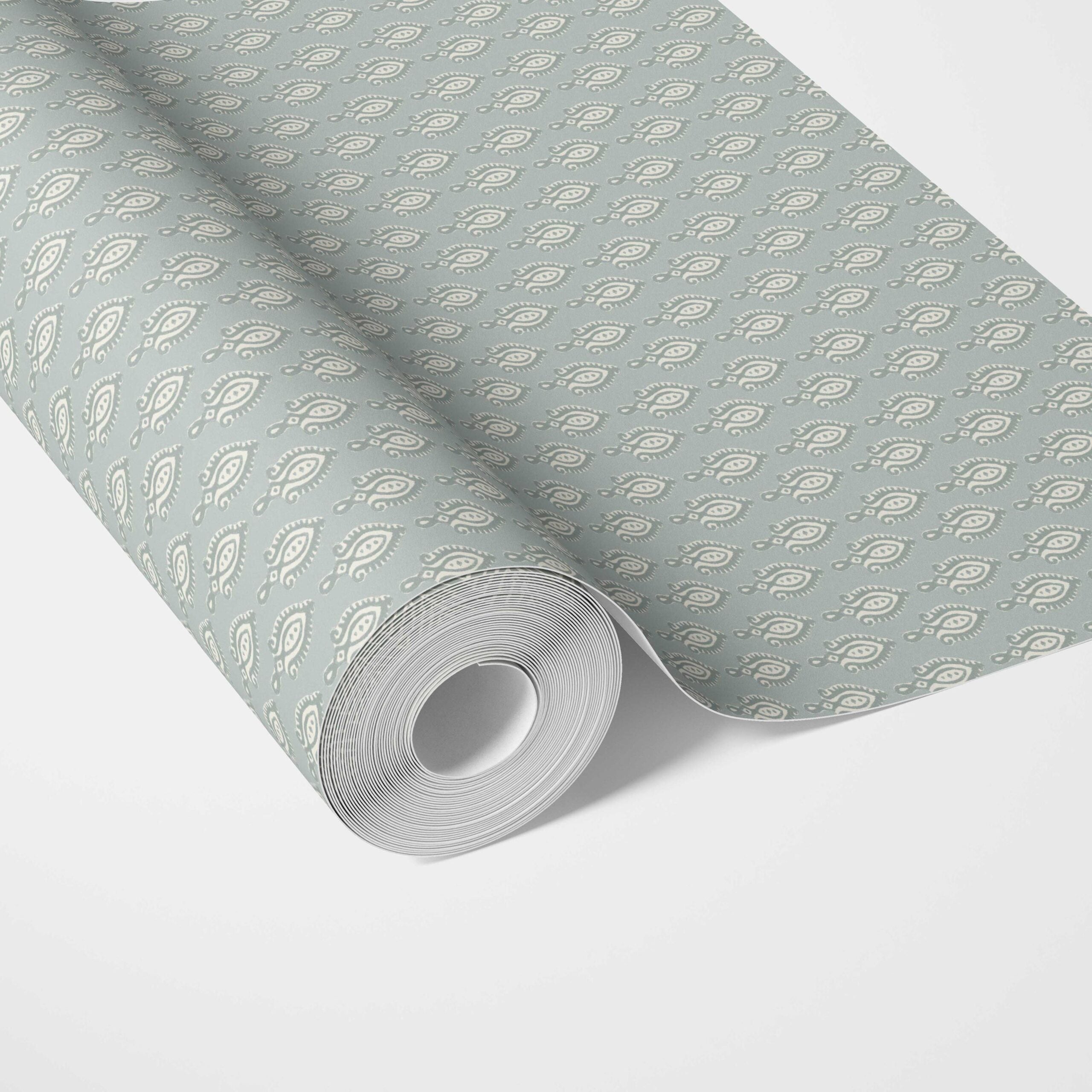 Textured Teardrop/ Paisley Block Print Traditional Wallpaper Sample (Blue-Gray/ White)