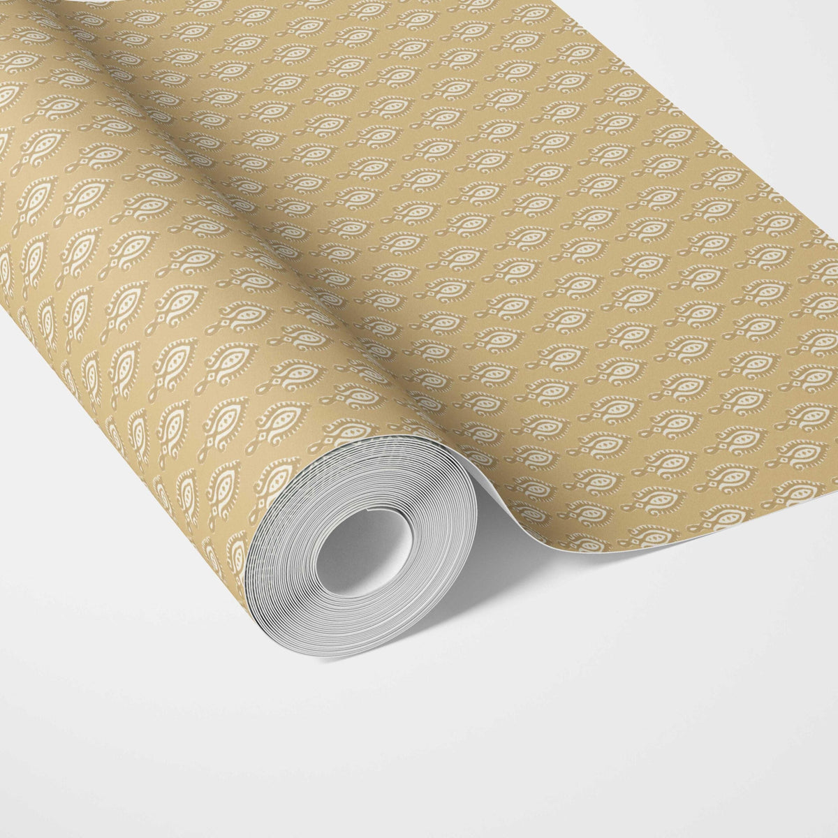 Textured Teardrop/ Paisley Block Print Traditional Wallpaper Sample (Yellow/ White)