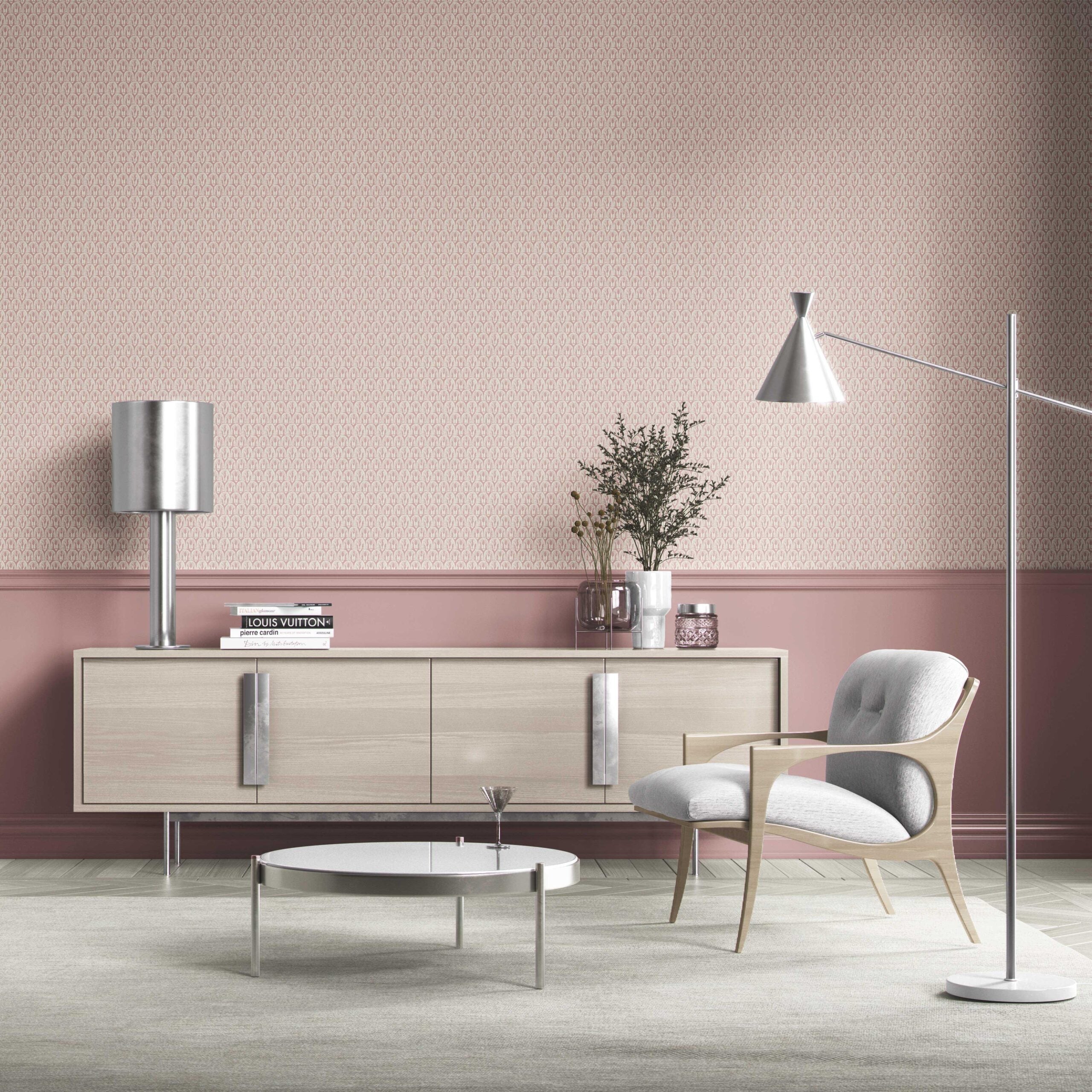 Geometric Scallops Floral Kitchen Wallpaper Sample (Pink/ White)