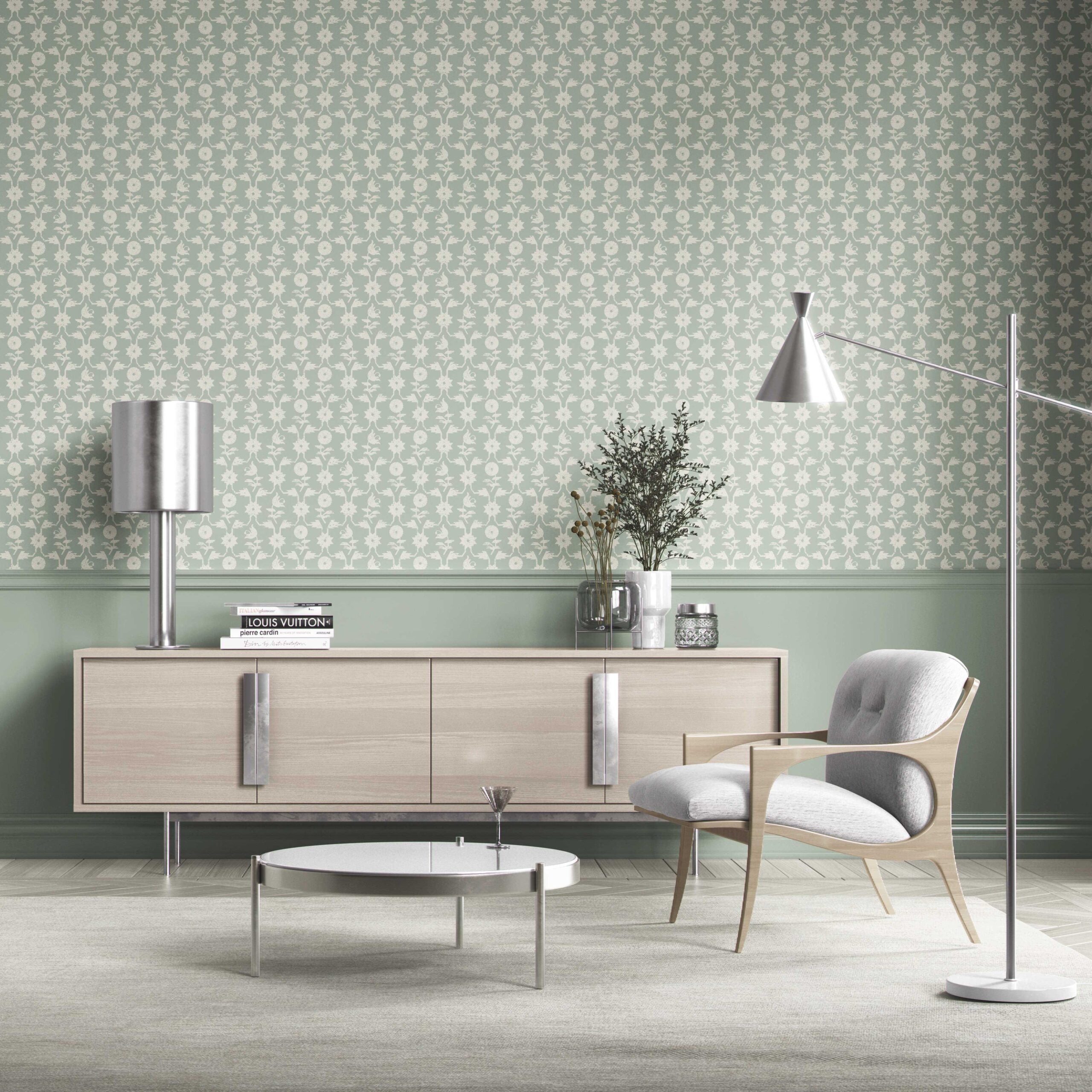 Modern Floral Botanical Kitchen Wallpaper Sample (Green/ White)