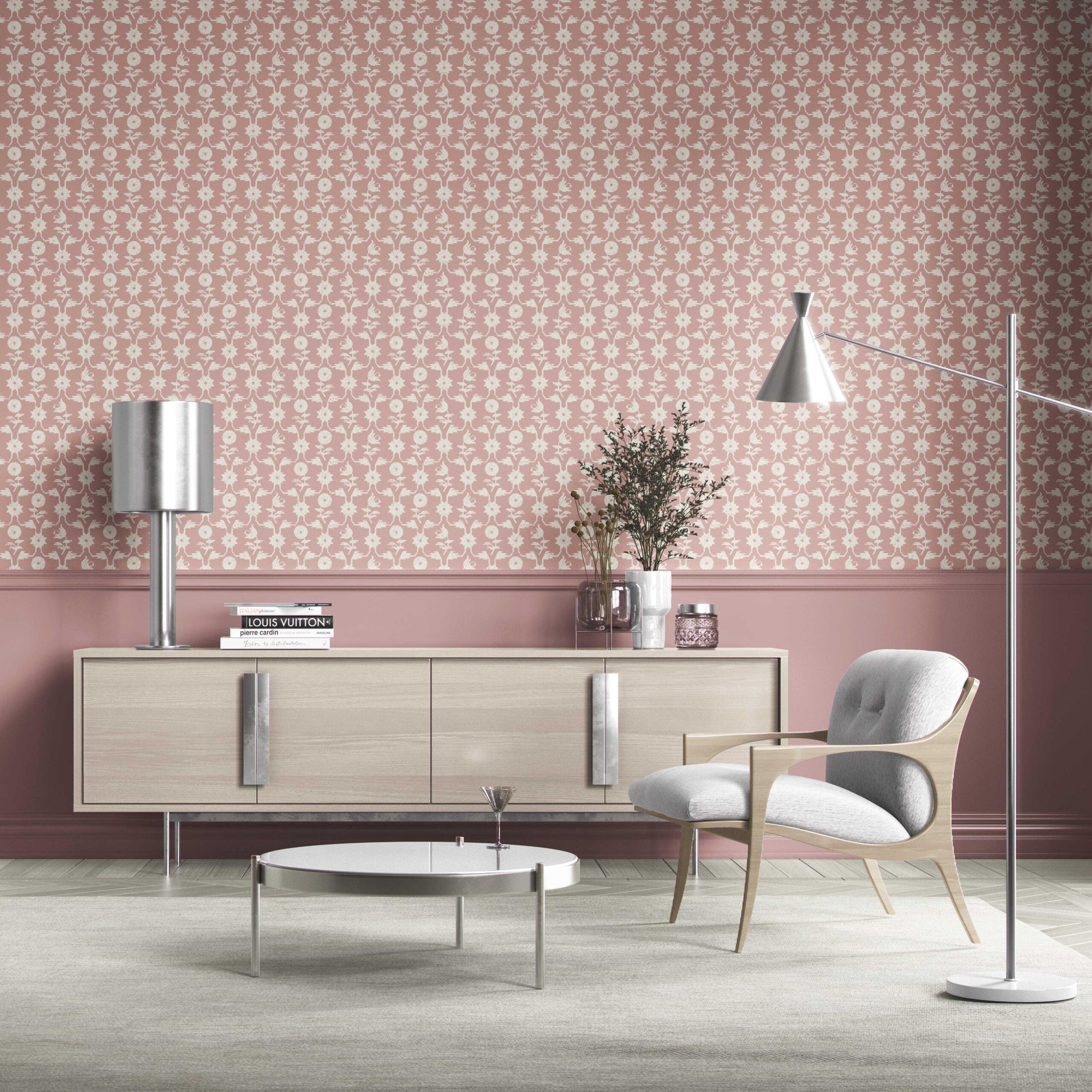 Modern Floral Botanical Kitchen Wallpaper (Pink/ White)