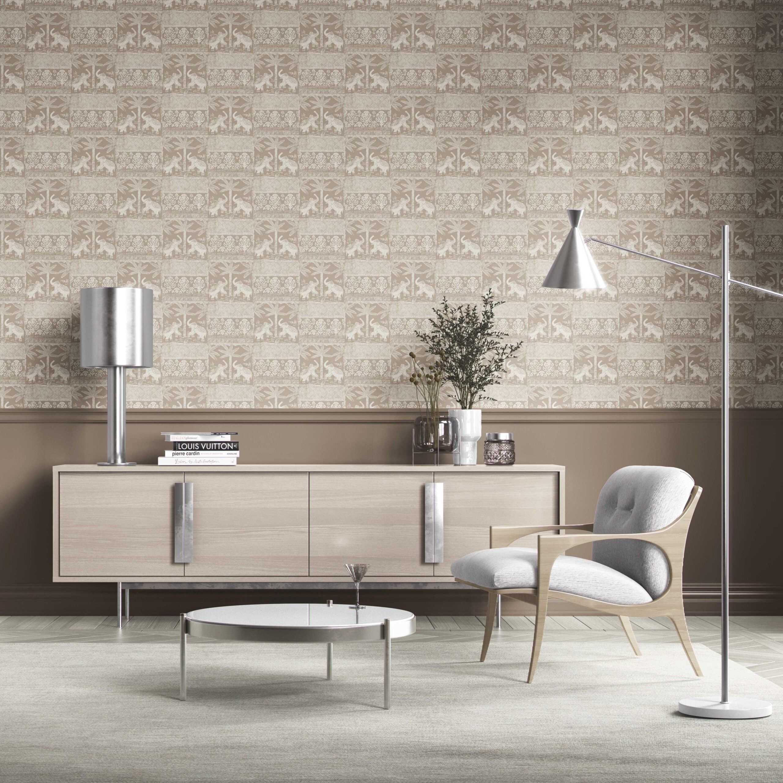 Ethnic/ Heritage Elephants & Animals Print Kitchen Wallpaper (Beige/ Brown/ White)