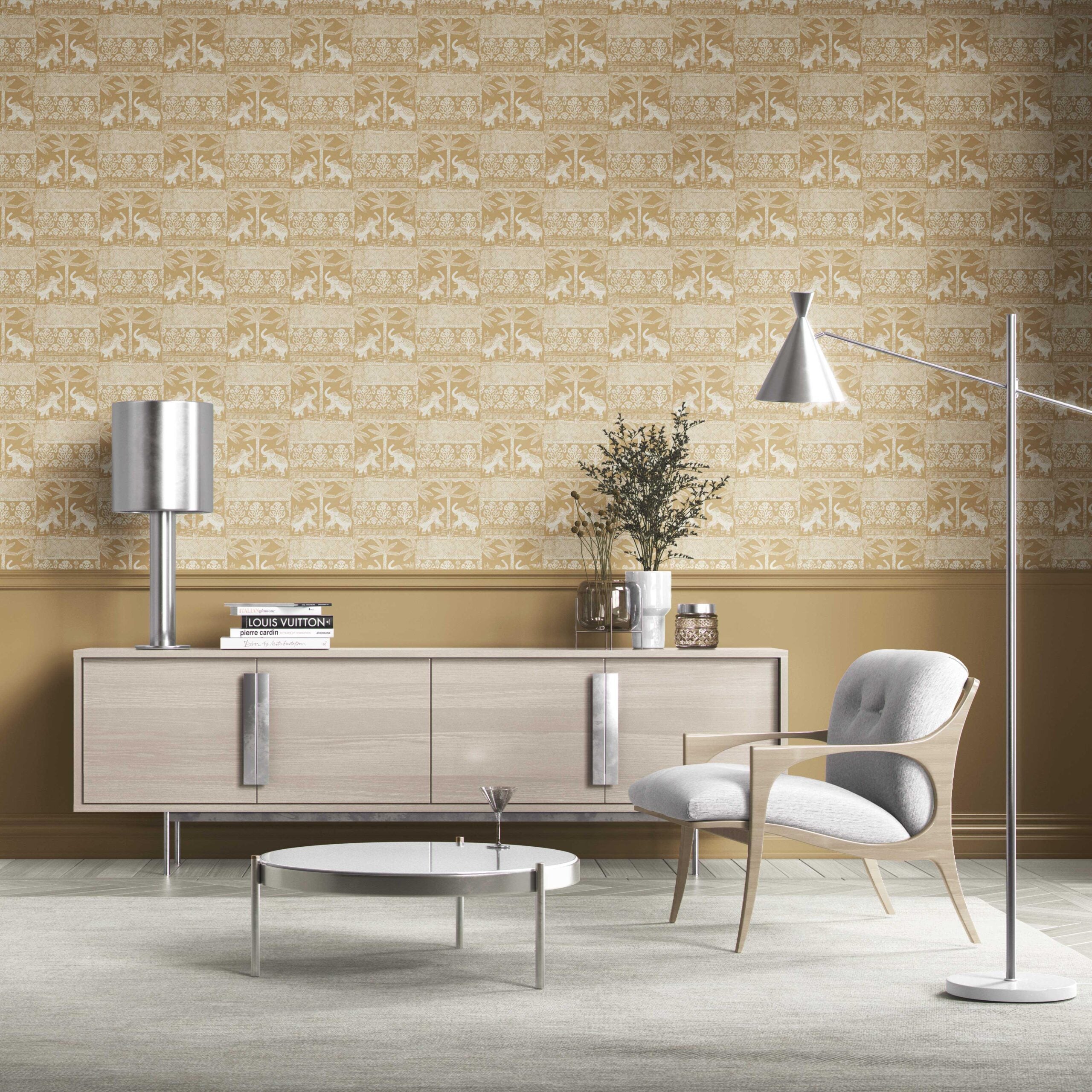 Ethnic/ Heritage Elephants & Animals Print Kitchen Wallpaper Sample (Yellow/ White)