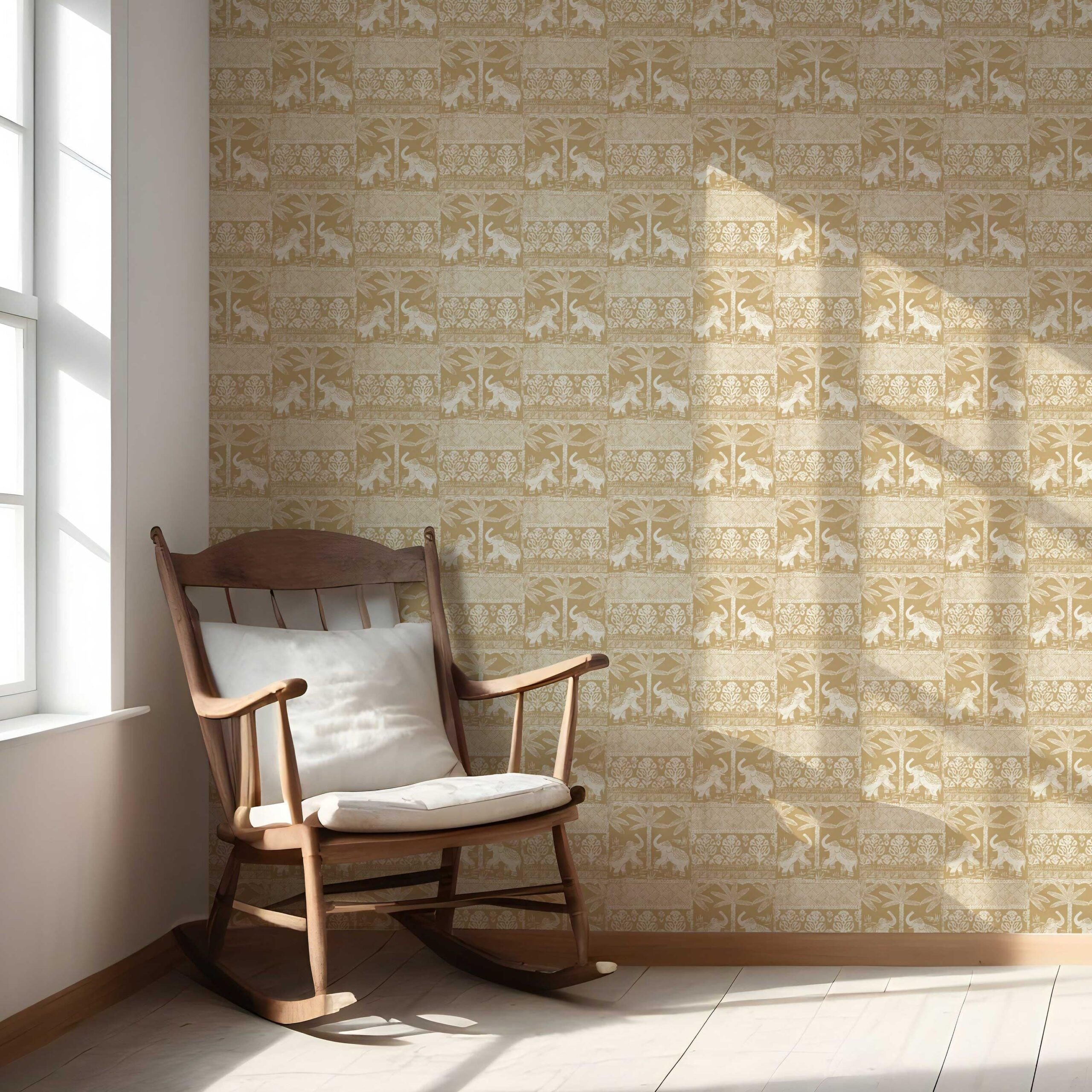Ethnic/ Heritage Elephants & Animals Print Nursery Wallpaper Sample (Yellow/ White)