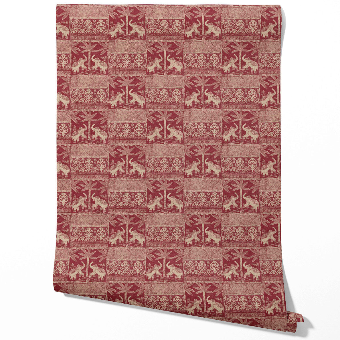 Ethnic/ Heritage Elephants & Animals Print Traditional Wallpaper (Red/ Beige)