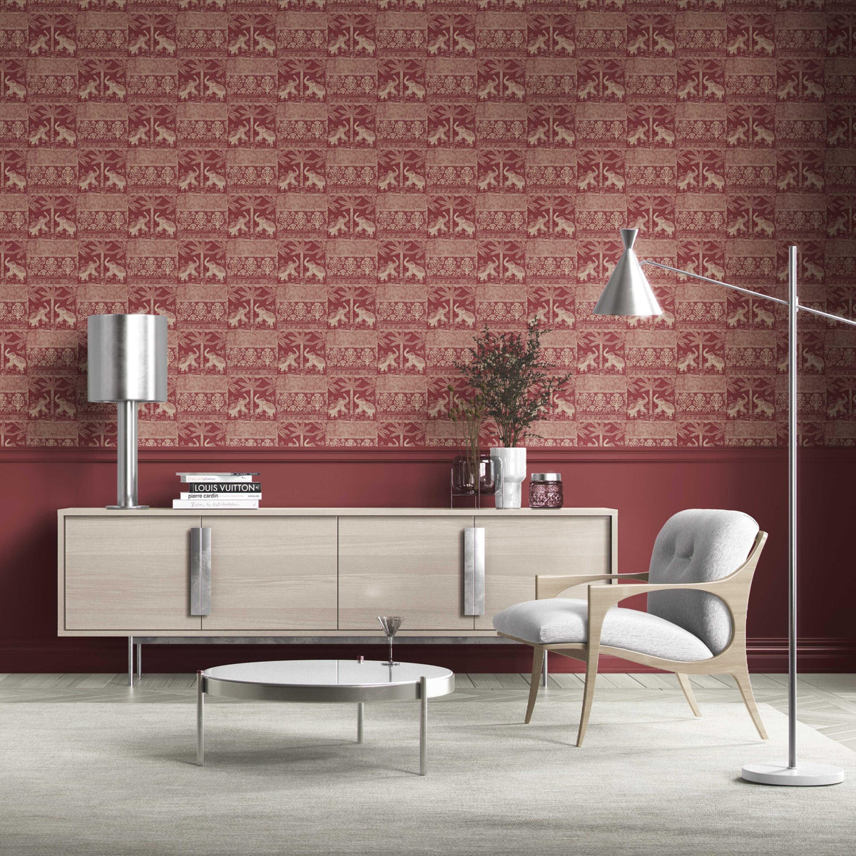 Ethnic/ Heritage Elephants & Animals Print Kitchen Wallpaper (Red/ Beige)