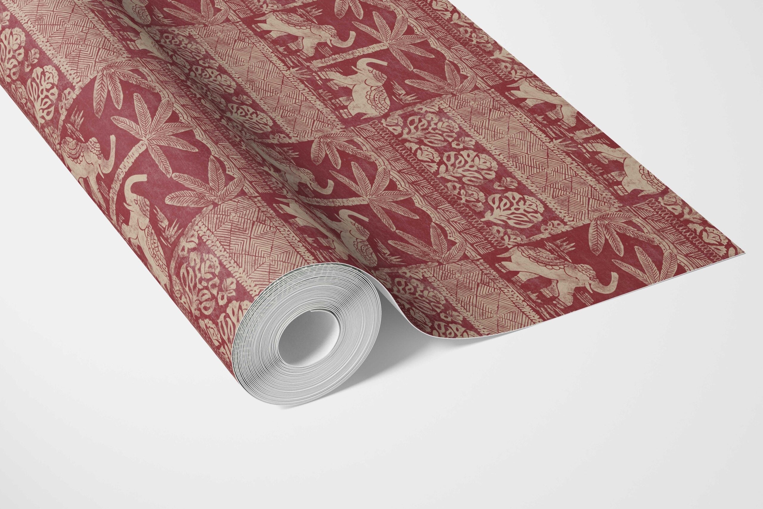 Ethnic/ Heritage Elephants & Animals Print Bathroom Wallpaper Sample (Red/ Beige)