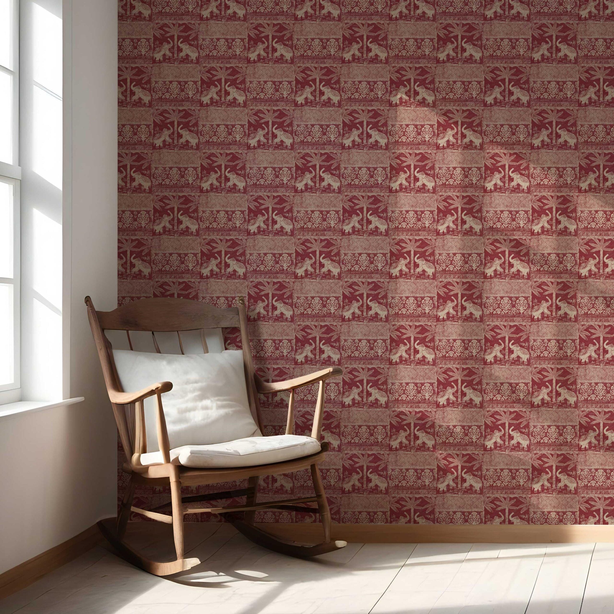 Ethnic/ Heritage Elephants & Animals Print Nursery Wallpaper Sample (Red/ Beige)