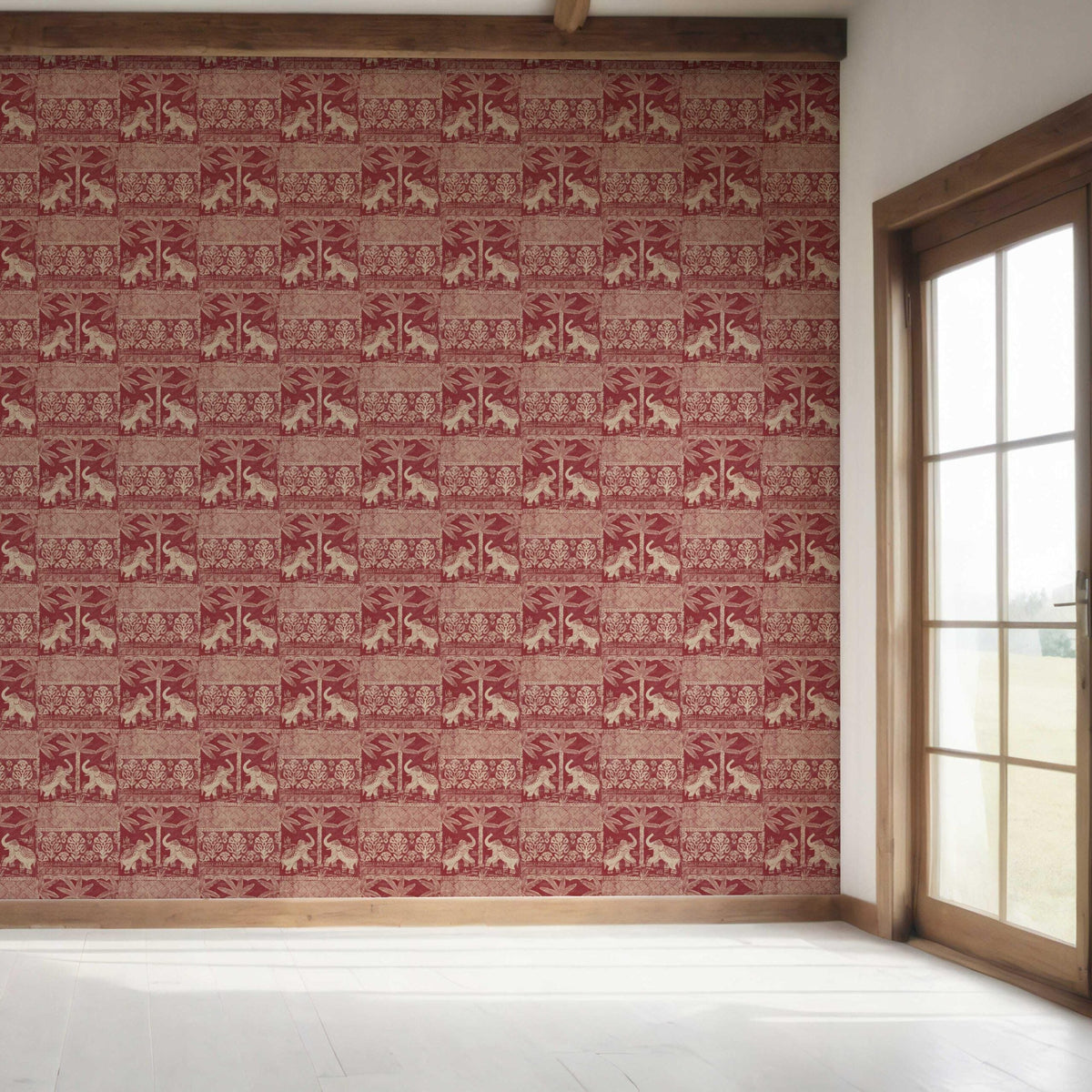 Ethnic/ Heritage Elephants & Animals Print Bedroom Wallpaper (Red/ Beige)