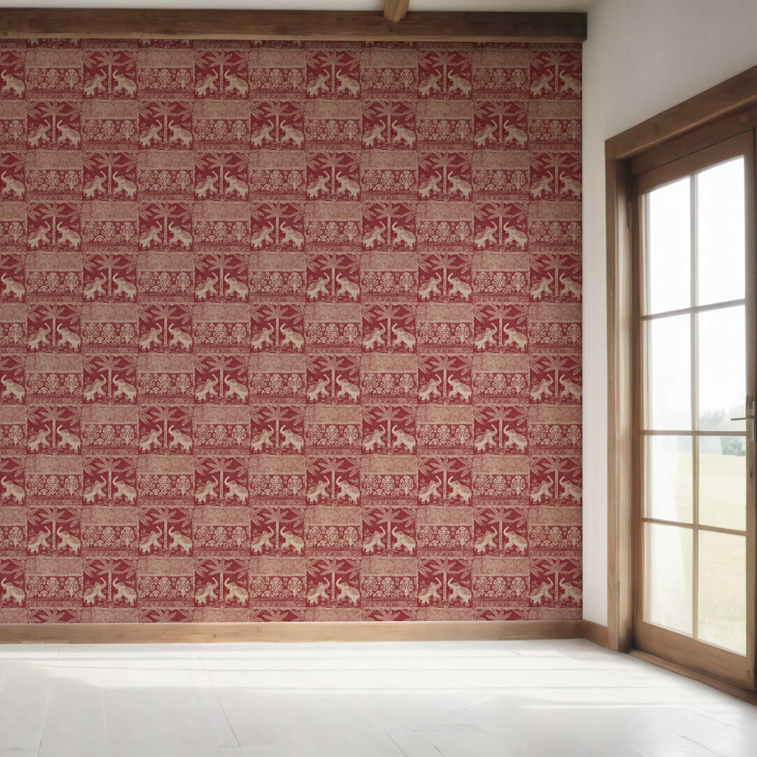Ethnic/ Heritage Elephants & Animals Print Bedroom Wallpaper Sample (Red/ Beige)