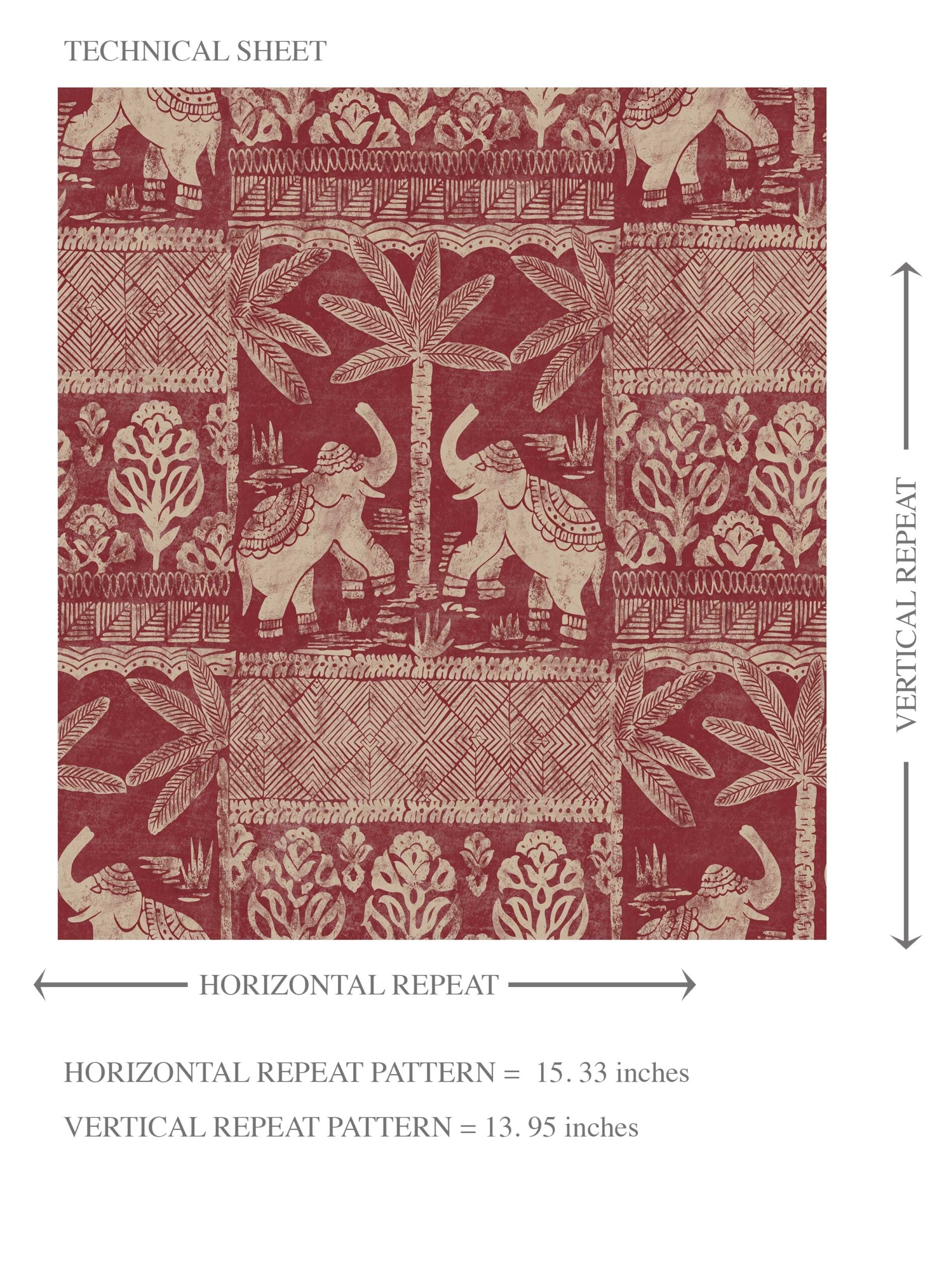 Ethnic/ Heritage Elephants & Animals Print Kids Room Wallpaper Sample (Red/ Beige)