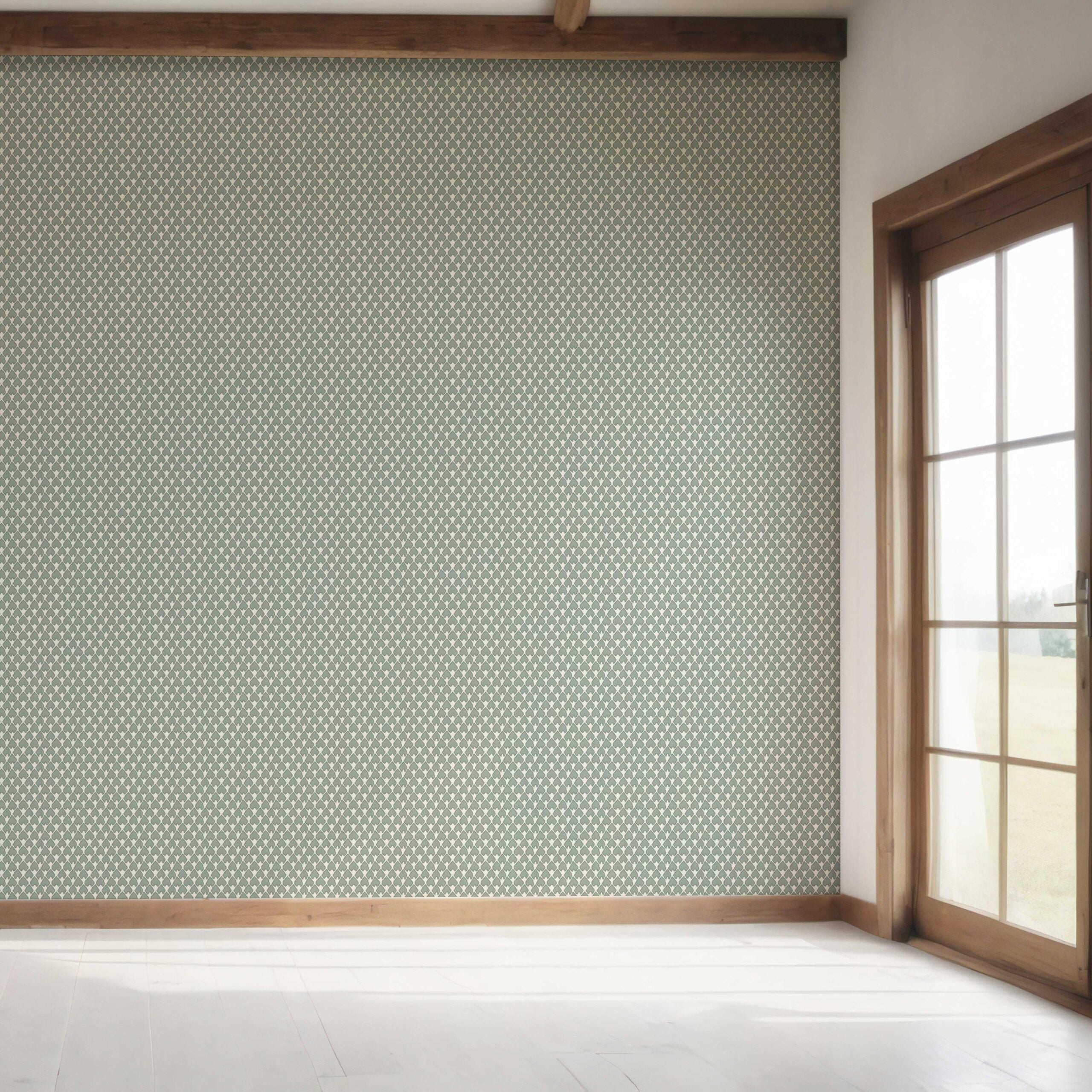 Neutral-Toned Small-Scale Geometric Print Bedroom Wallpaper Sample (Gray-Green/ White)
