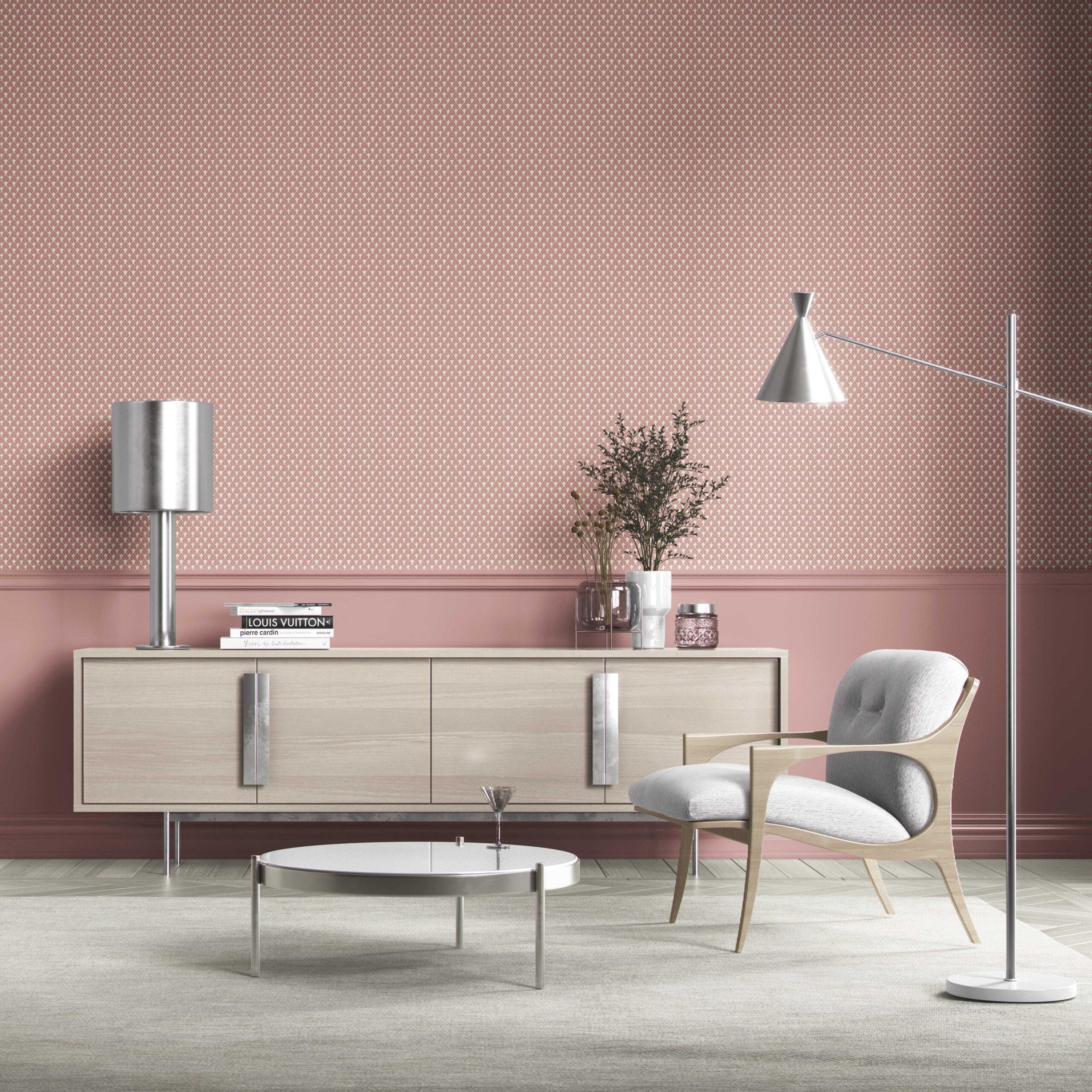 Small-Scale Geometric Print Bathroom Wallpaper (Blush Pink/ White)