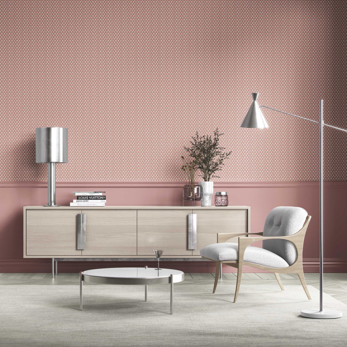 Small-Scale Geometric Print Bathroom Wallpaper (Blush Pink/ White)