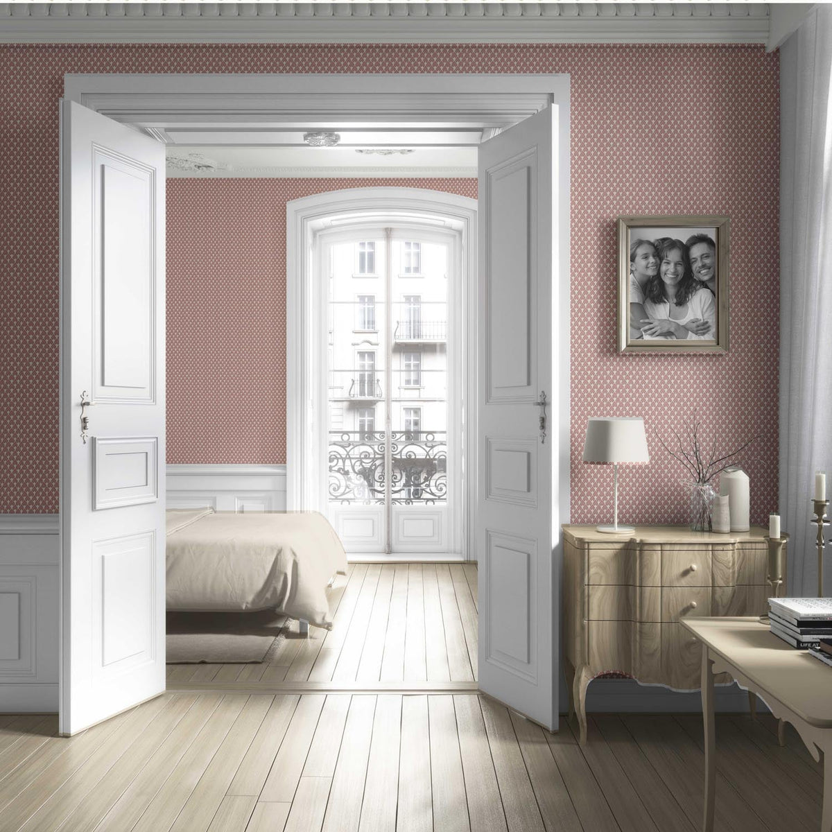 Small-Scale Geometric Print Living Room Wallpaper (Blush Pink/ White)