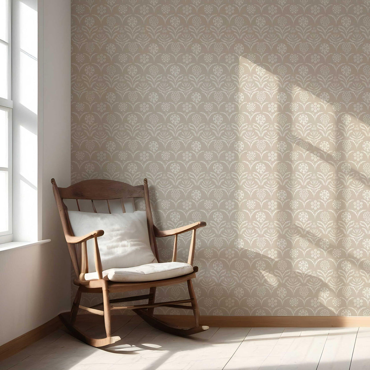 Modern Neural-Toned Floral/ Botanical Kitchen Wallpaper Sample (Beige/ White)