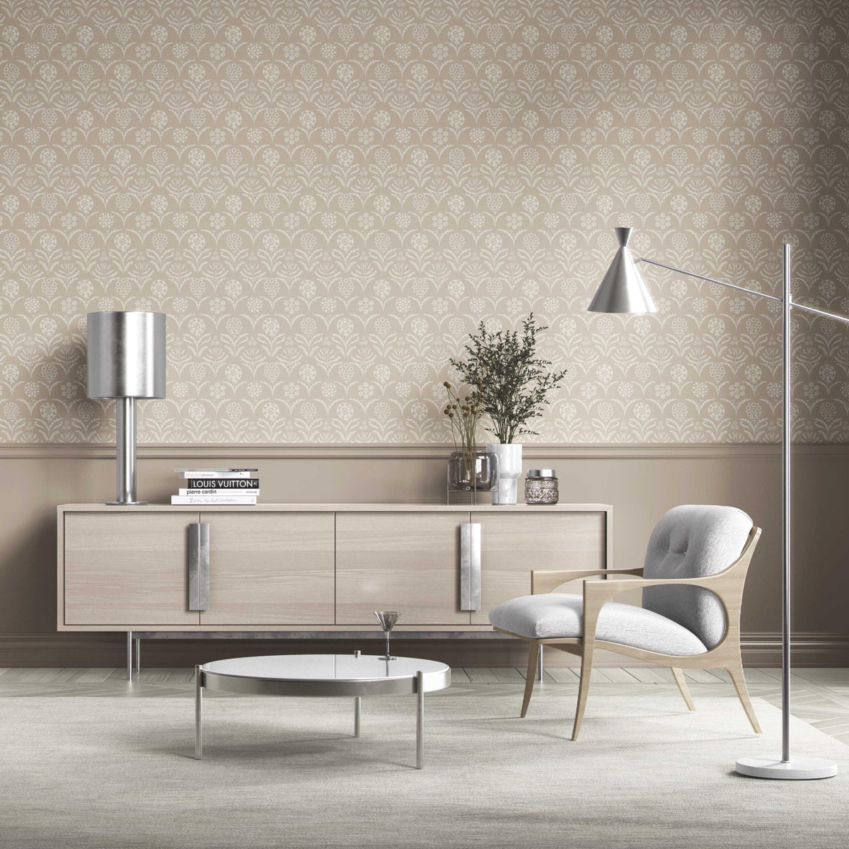 Modern Neural-Toned Floral/ Botanical Nursery Wallpaper (Beige/ White)