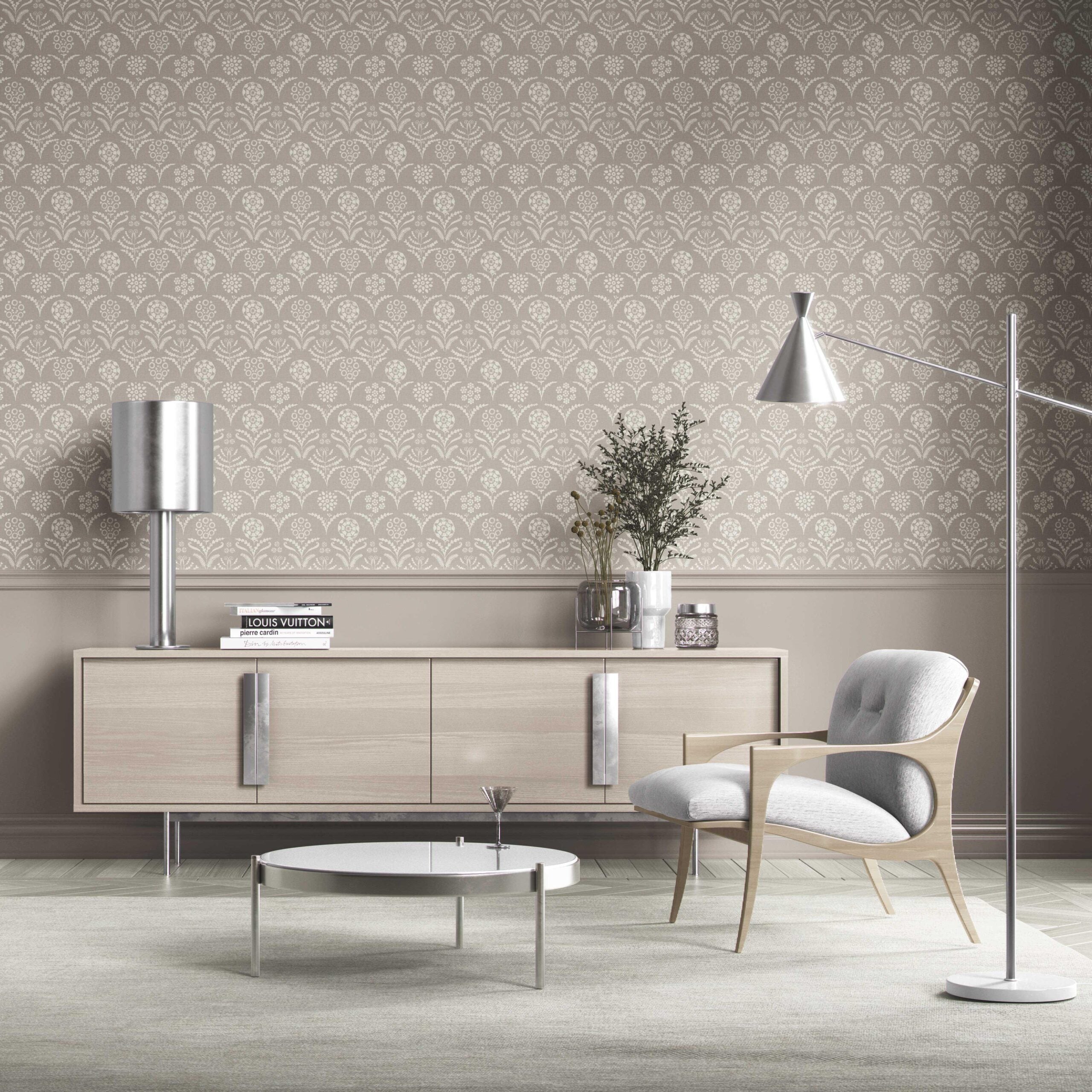 Modern Neural-Toned Floral/ Botanical Kitchen Wallpaper Sample (Warm Gray/ Greige/ White)