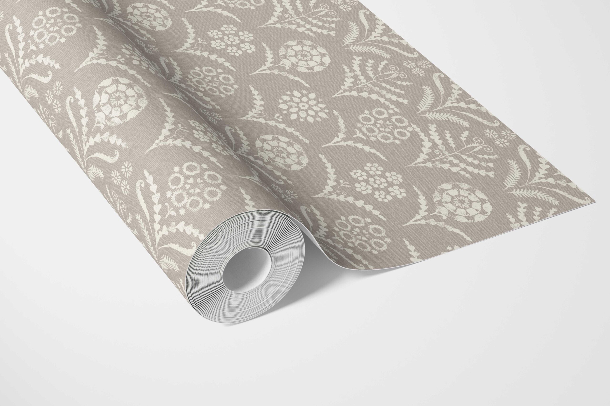 Modern Neural-Toned Floral/ Botanical Bathroom Wallpaper (Warm Gray/ Greige/ White)