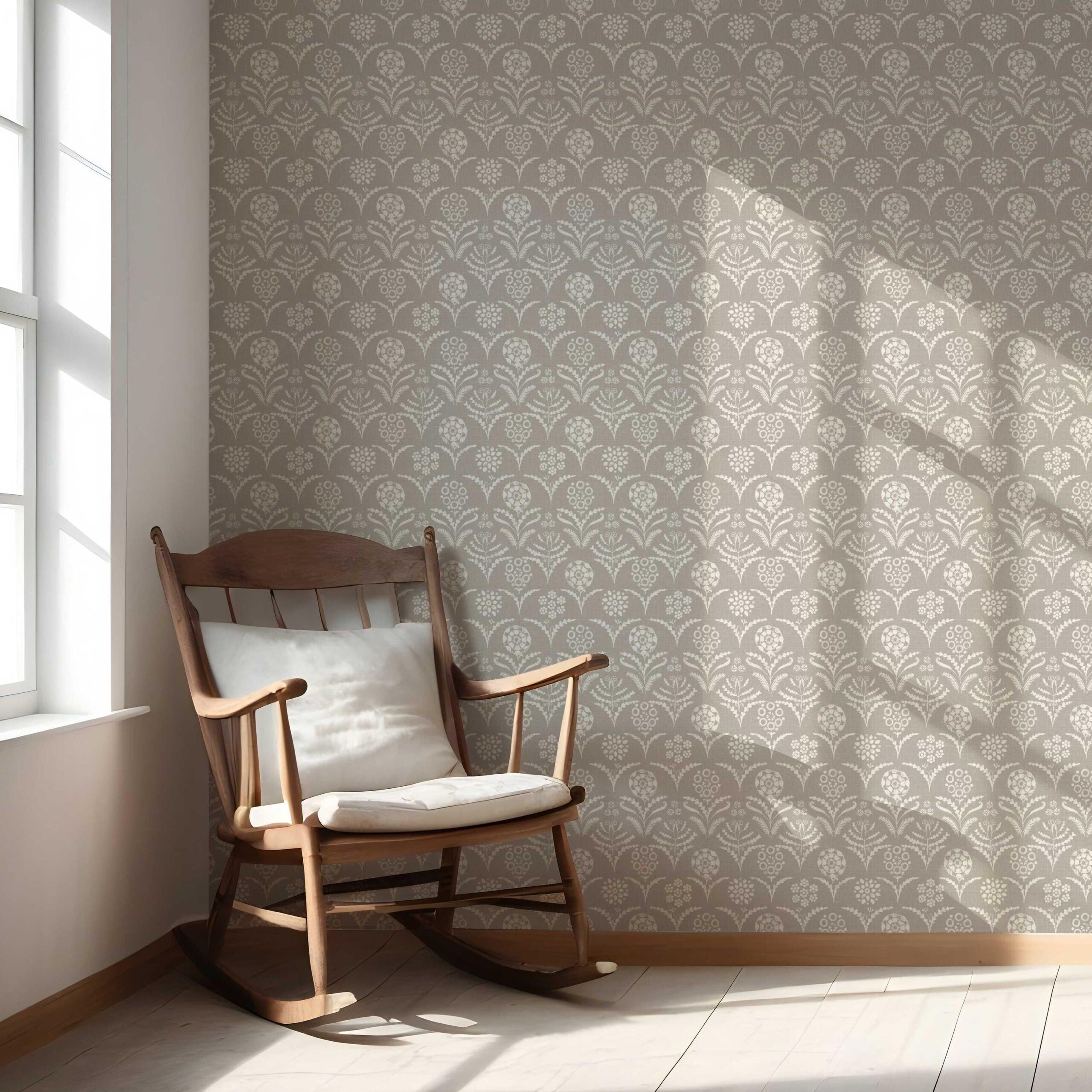 Modern Neural-Toned Floral/ Botanical Nursery Wallpaper Sample (Warm Gray/ Greige/ White)