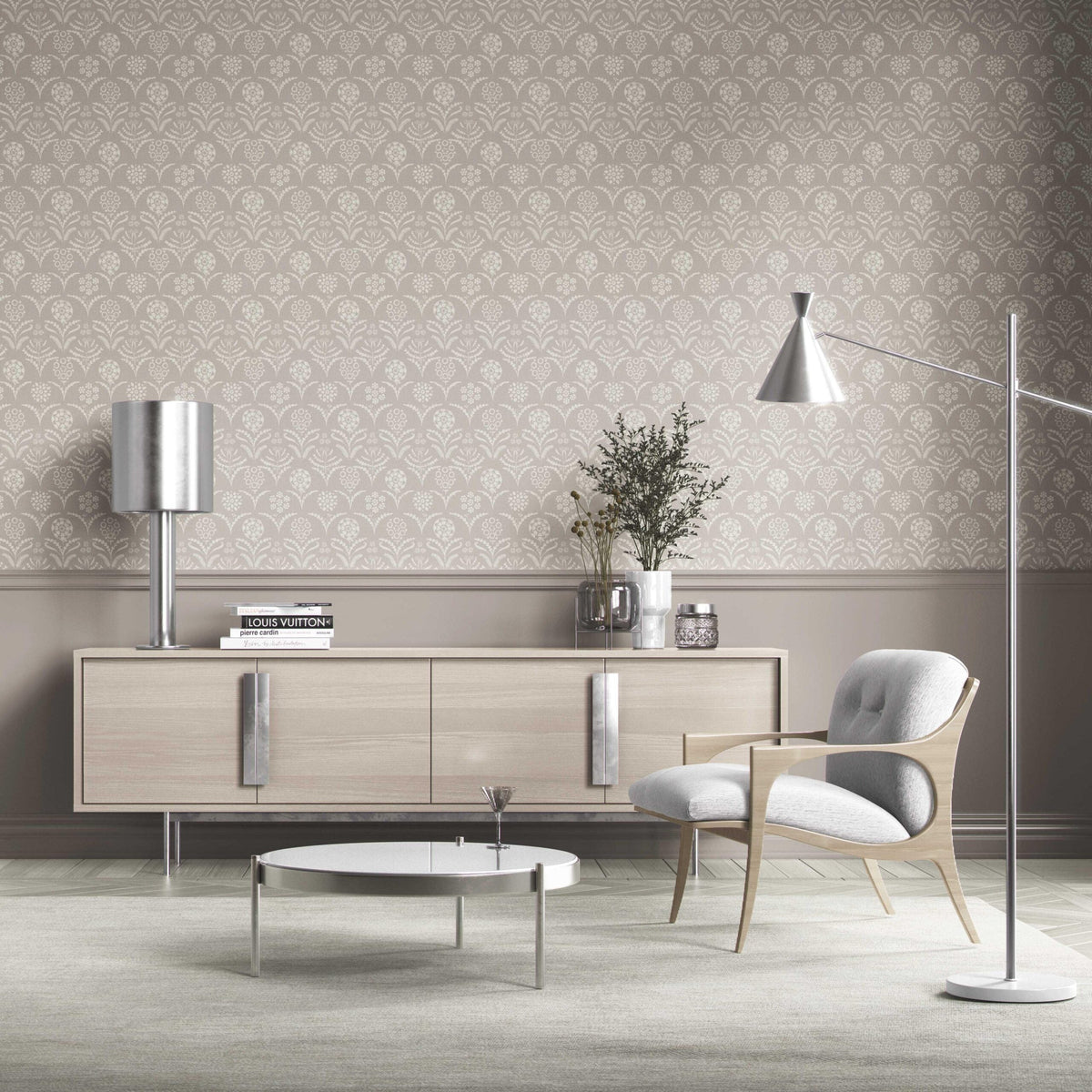 Modern Neural-Toned Floral/ Botanical Kitchen Wallpaper Sample (Gray/ Taupe)
