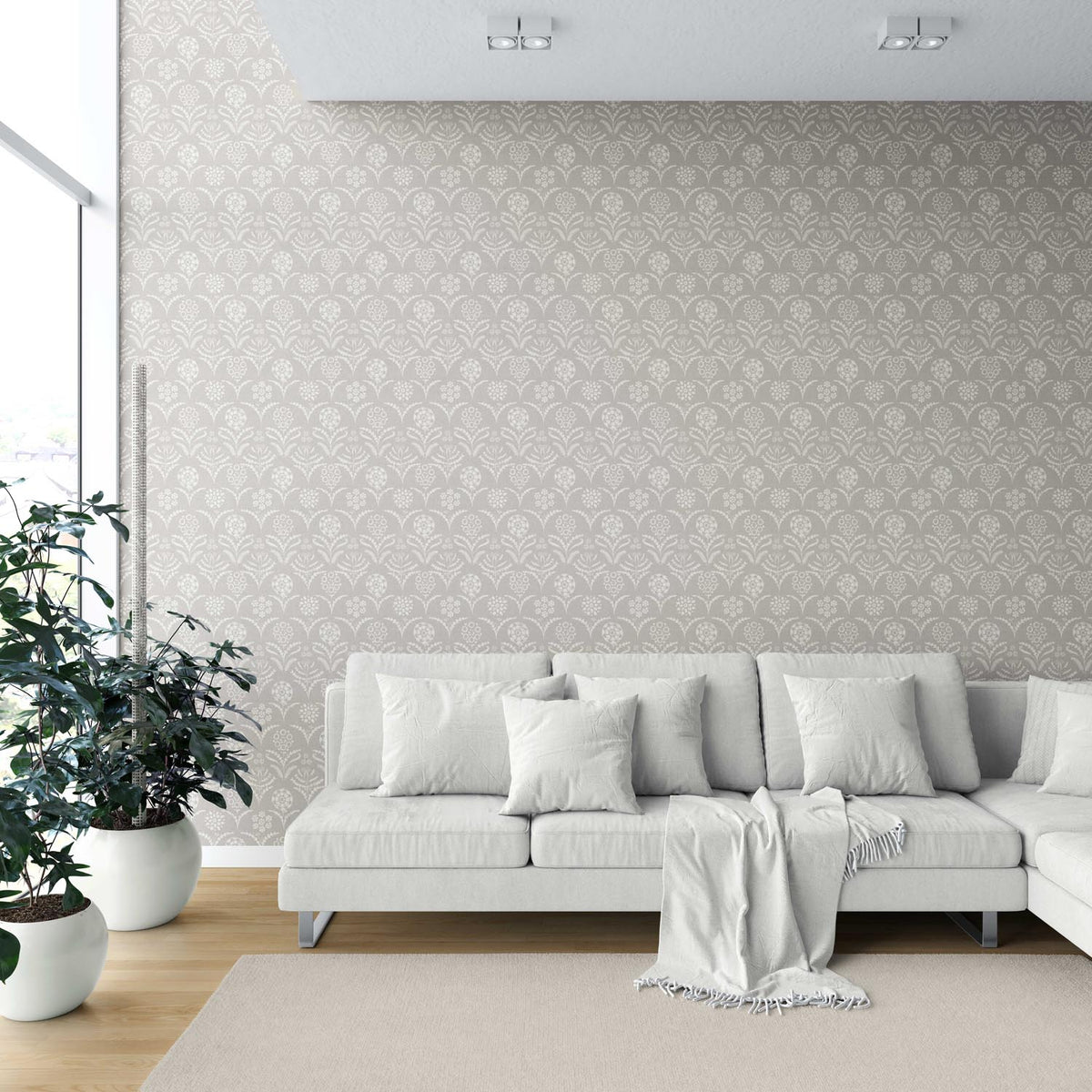 Modern Neural-Toned Floral/ Botanical Shower Toilet Wallpaper Sample (Gray/ Taupe)