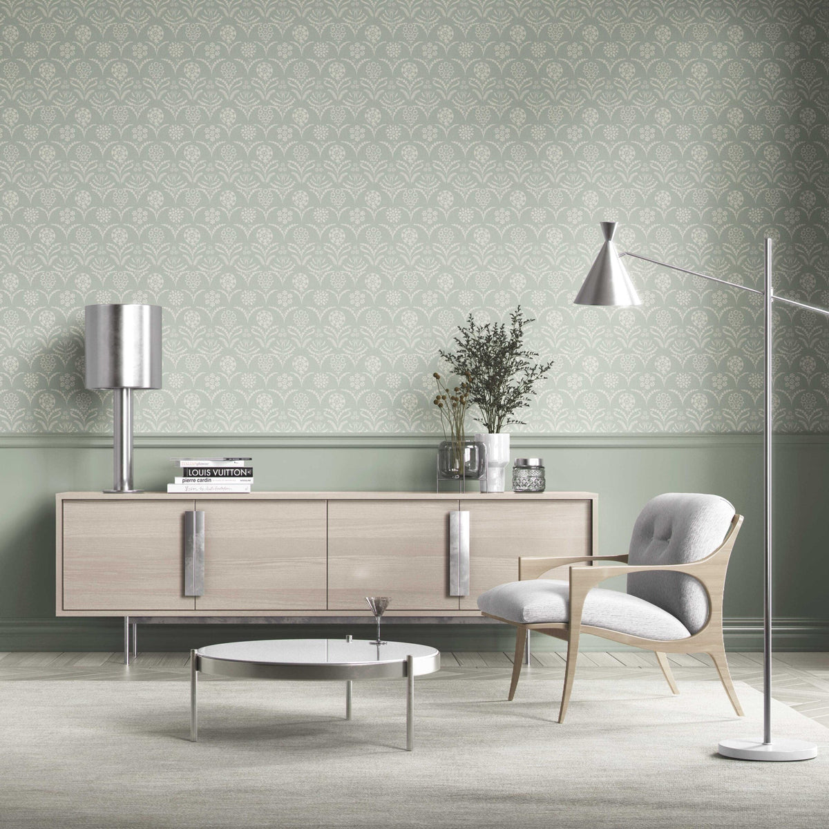 Modern Floral Botanical Kitchen Wallpaper Sample (Pastel Blue)