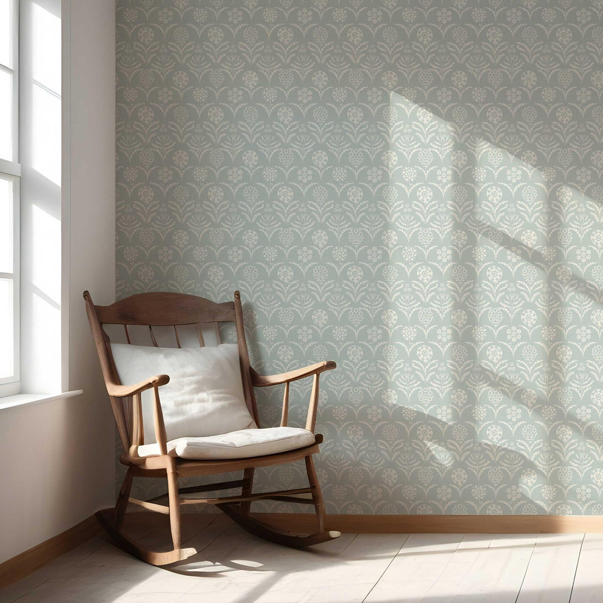 Modern Floral Botanical Kitchen Wallpaper (Duck Egg Blue/ White)