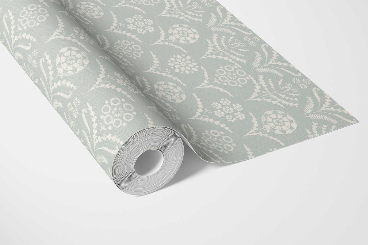 Modern Floral Botanical Bathroom Wallpaper Sample (Duck Egg Blue/ White)