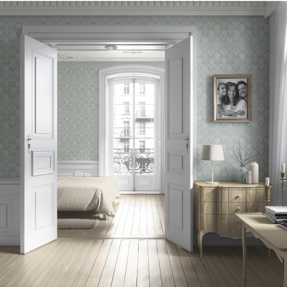 Modern Floral Botanical Living Room Wallpaper (Duck Egg Blue/ White)