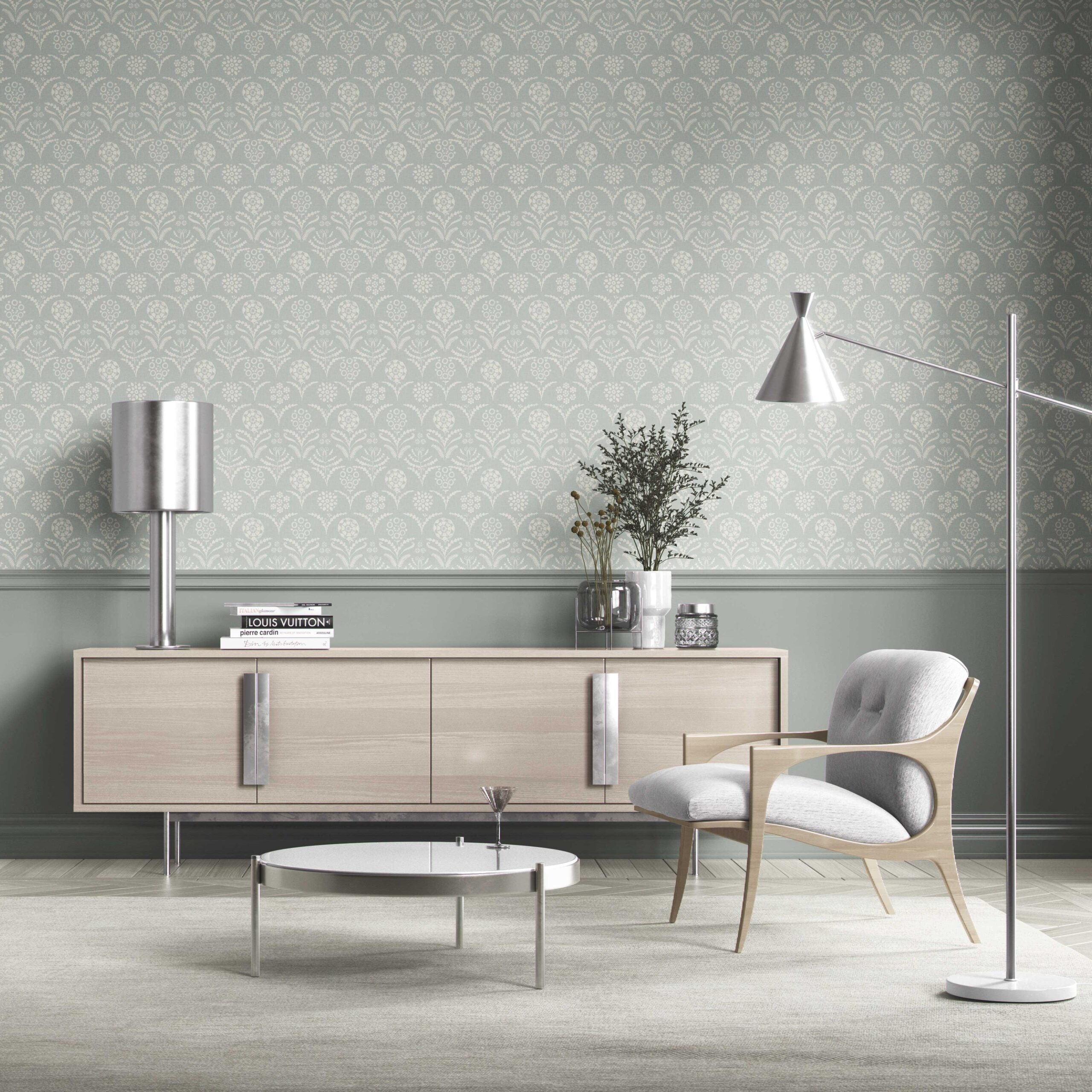 Modern Floral Botanical Nursery Wallpaper (Duck Egg Blue/ White)