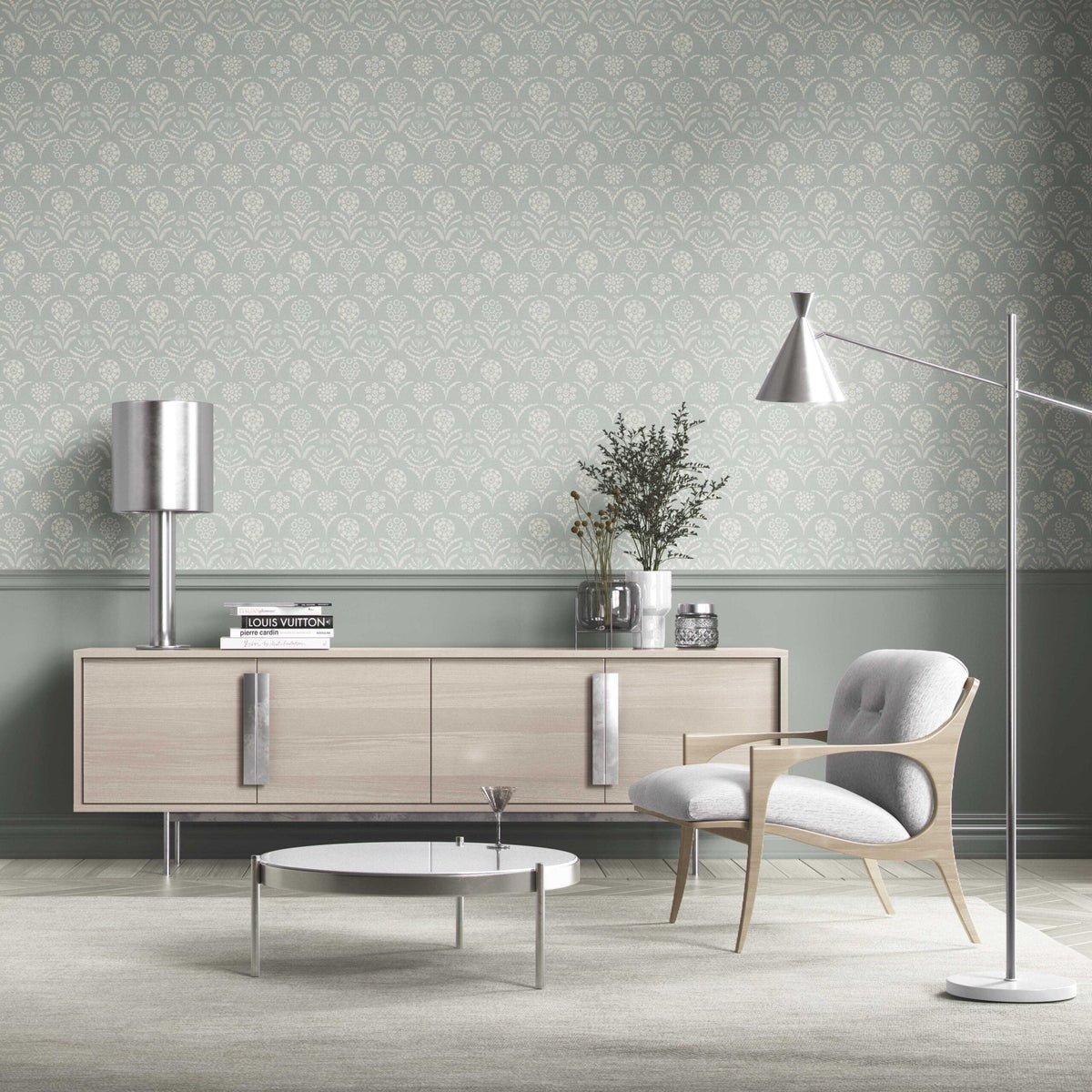 Modern Floral Botanical Nursery Wallpaper (Duck Egg Blue/ White)