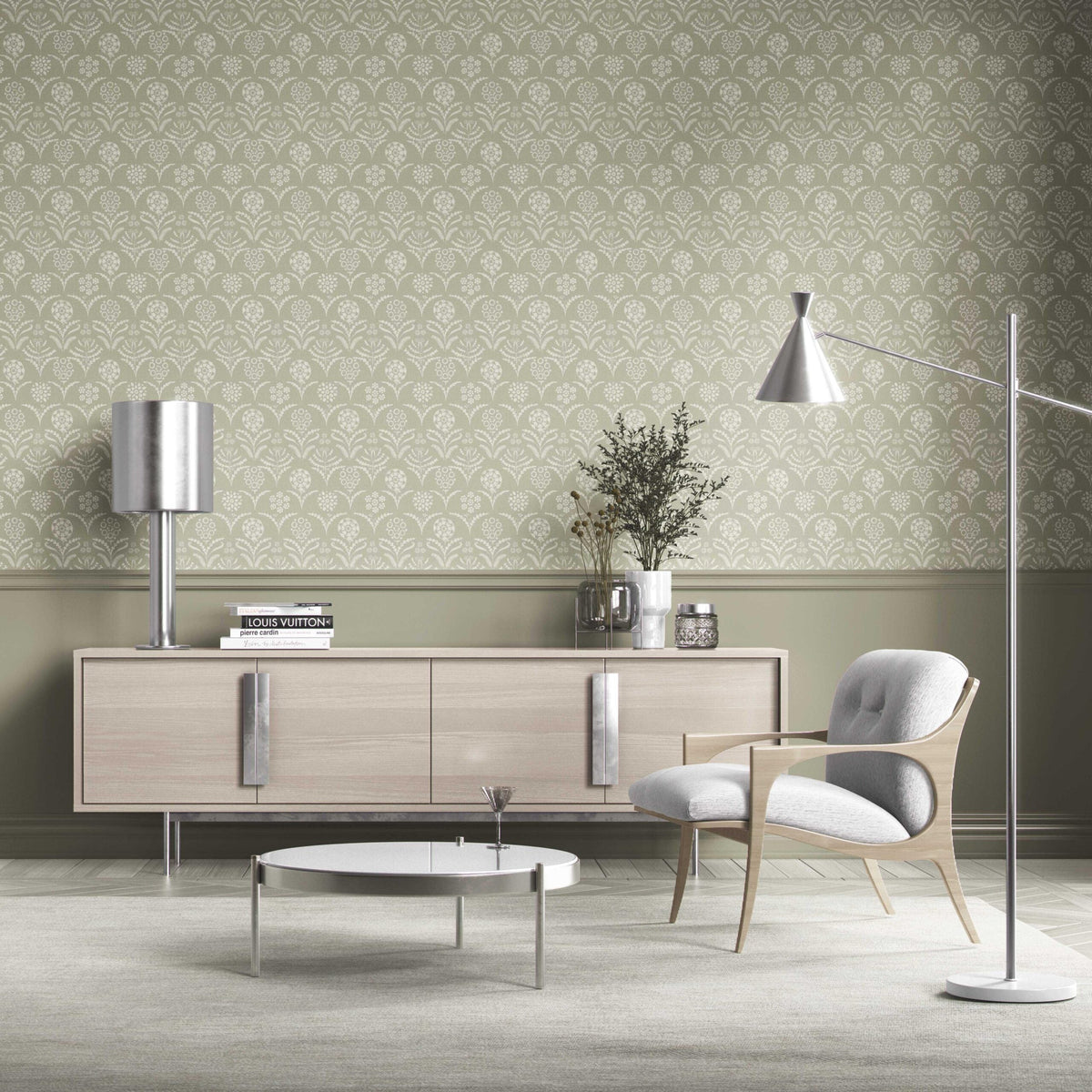 Modern Floral Botanical Kitchen Wallpaper Sample (Light Olive Green)