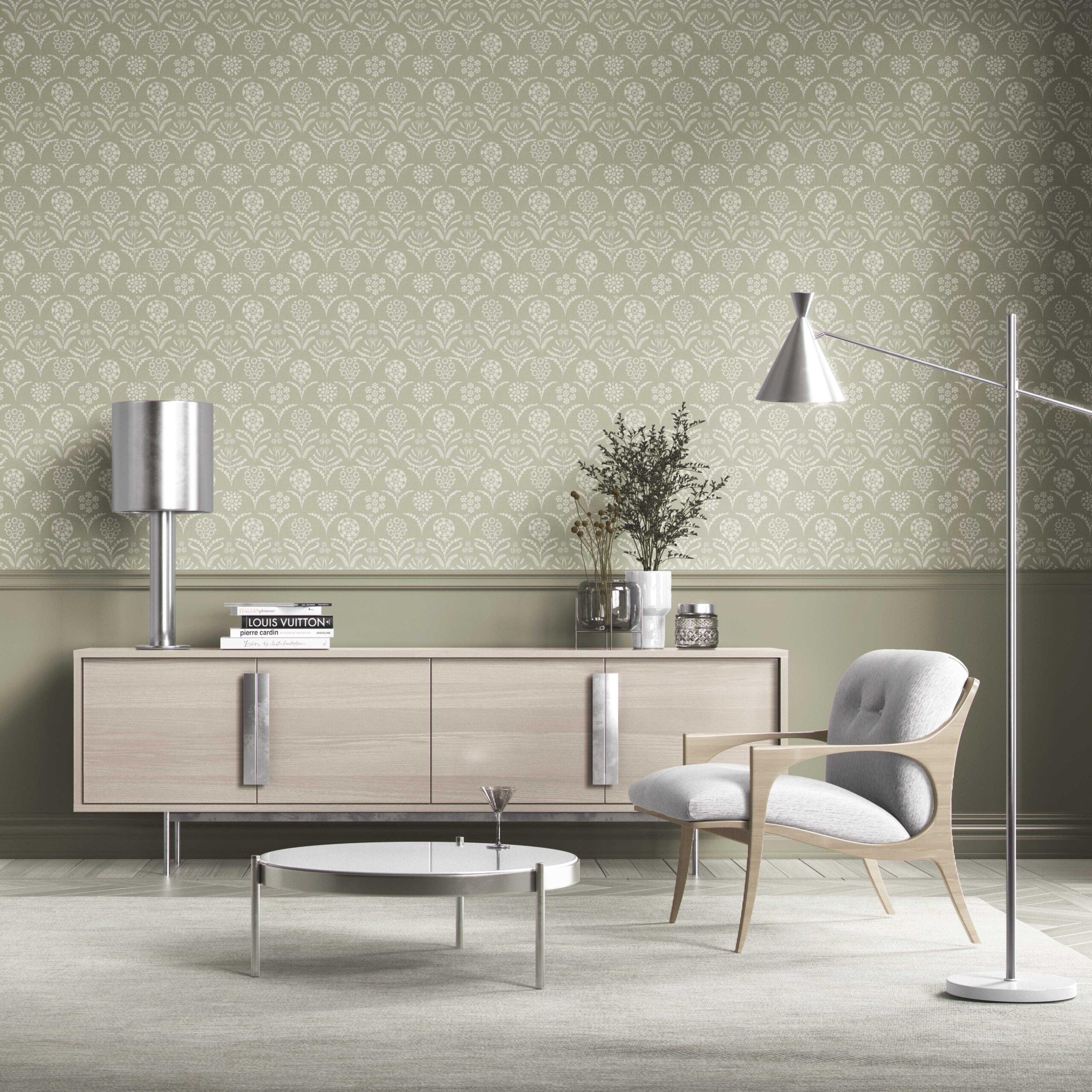 Modern Floral Botanical Kitchen Wallpaper Sample (Light Olive Green)