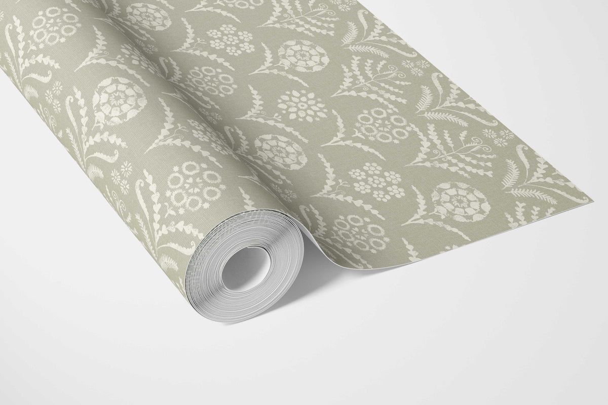 Modern Floral Botanical Bathroom Wallpaper Sample (Light Olive Green)