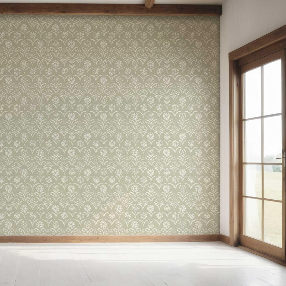 Modern Floral Botanical Bedroom Wallpaper (Light Olive Green)