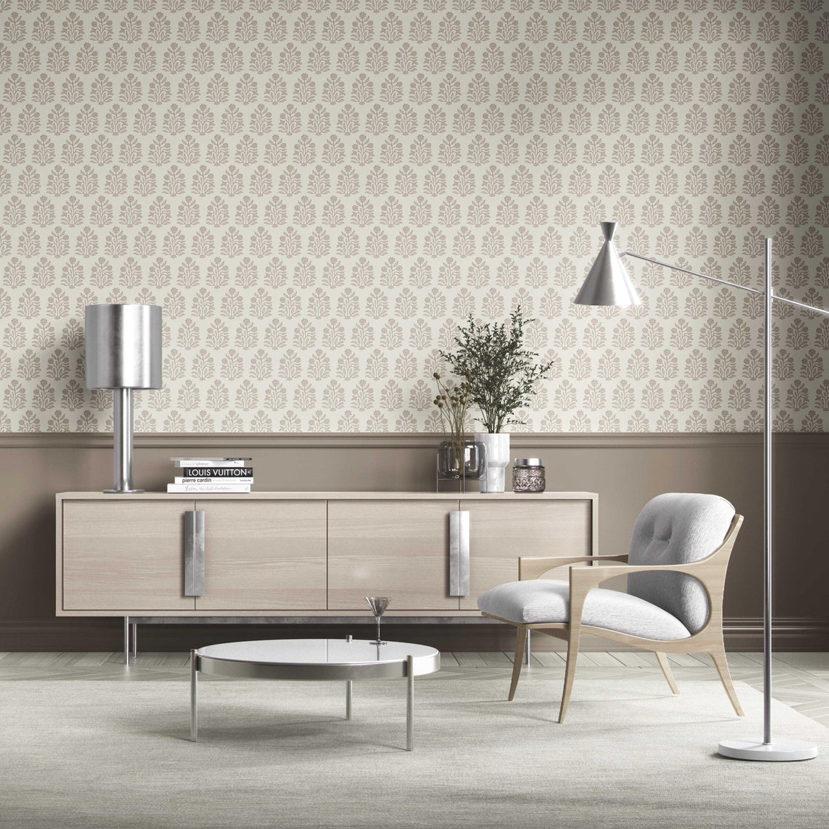Vintage-Inspired Floral Block Print Kitchen Wallpaper Sample (Cream/ Beige/ Greige)