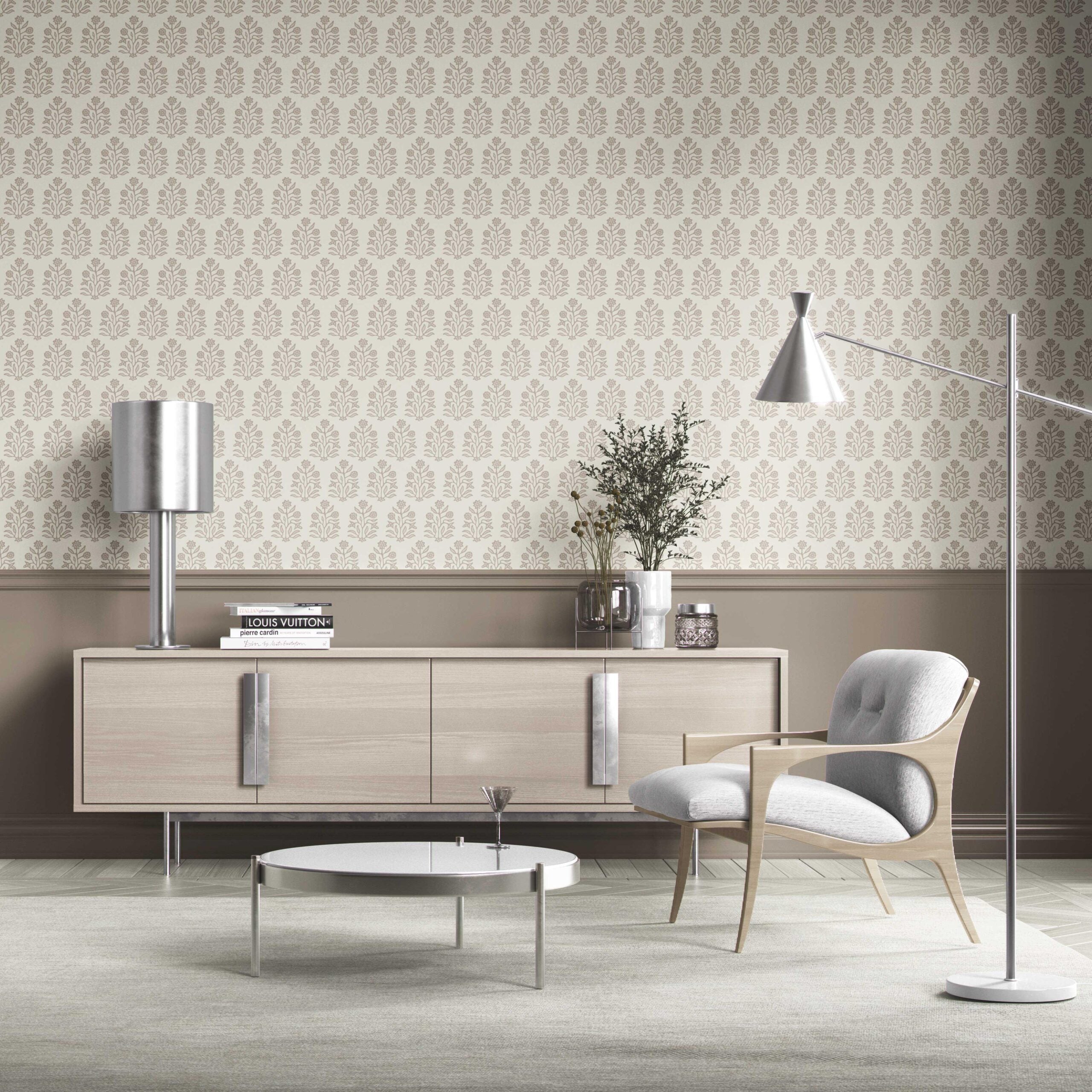 Vintage-Inspired Floral Block Print Kitchen Wallpaper Sample (Cream/ Beige/ Greige)