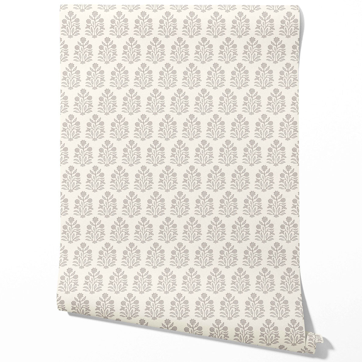 Neutral-Toned Botanical Floral Block Print Traditional Wallpaper (Cream/ Gray/ Greige)