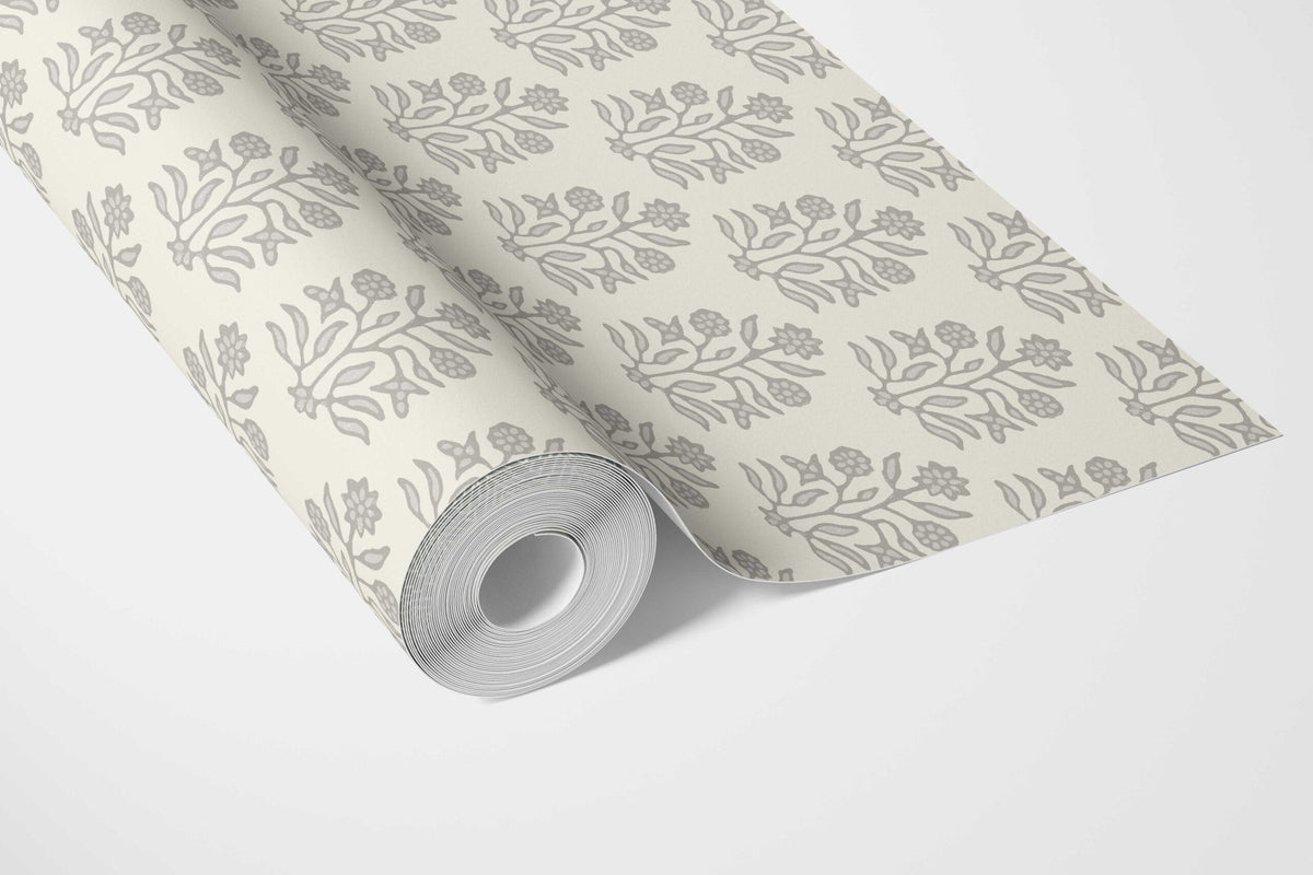 Neutral-Toned Botanical Floral Block Print Bathroom Wallpaper (Cream/ Gray/ Greige)