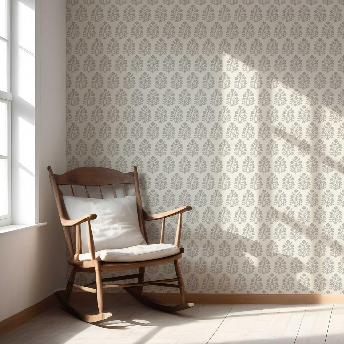 Neutral-Toned Botanical Floral Block Print Nursery Wallpaper (Cream/ Gray/ Greige)
