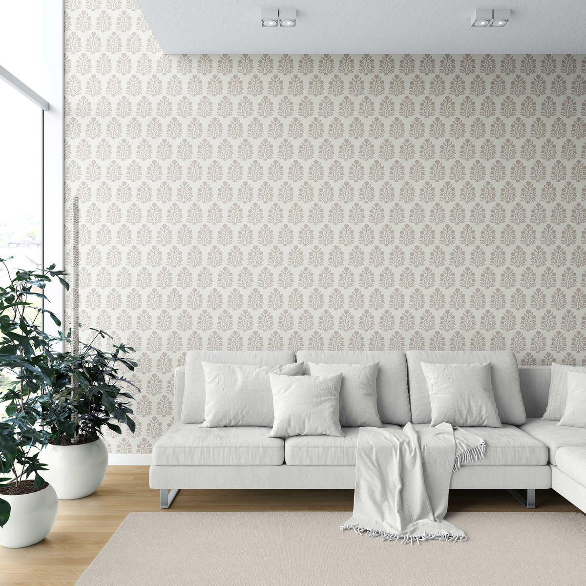 Neutral-Toned Botanical Floral Block Print Shower Toilet Wallpaper (Cream/ Gray/ Greige)