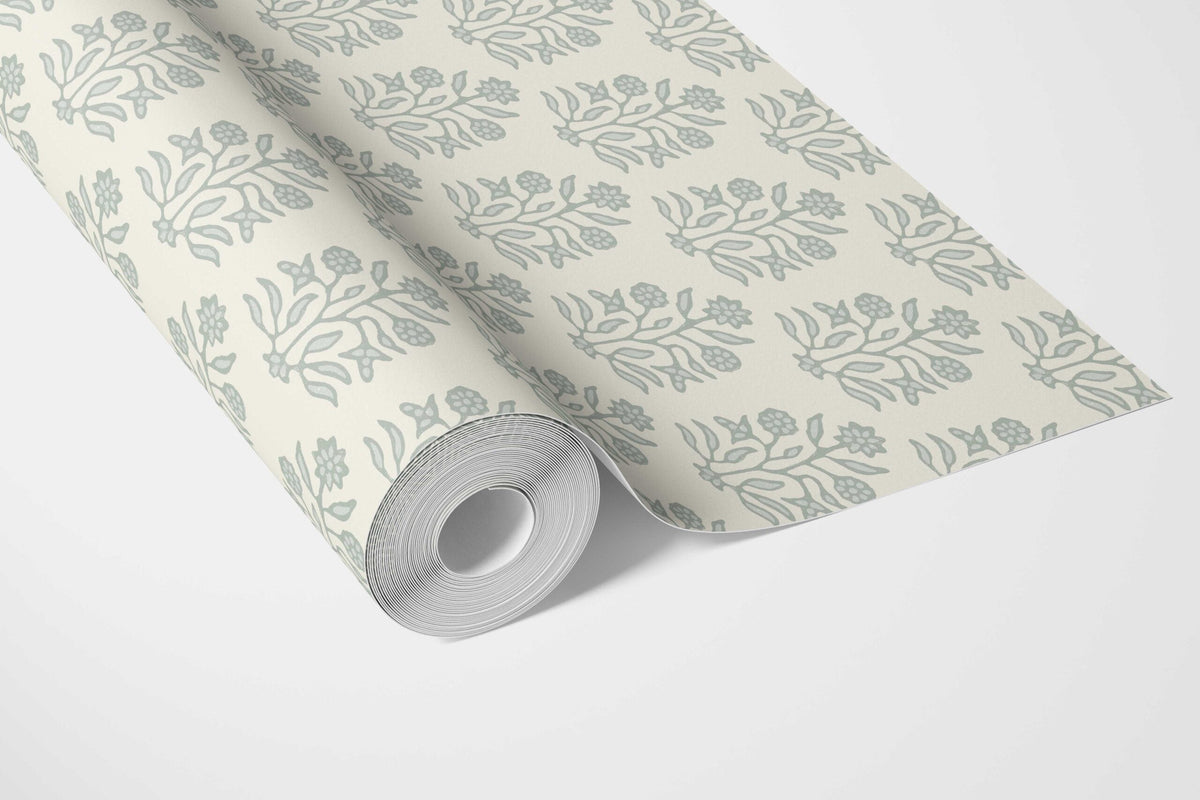 Vintage-Inspired Floral Block Print Bathroom Wallpaper (Cream/ Sage Green)