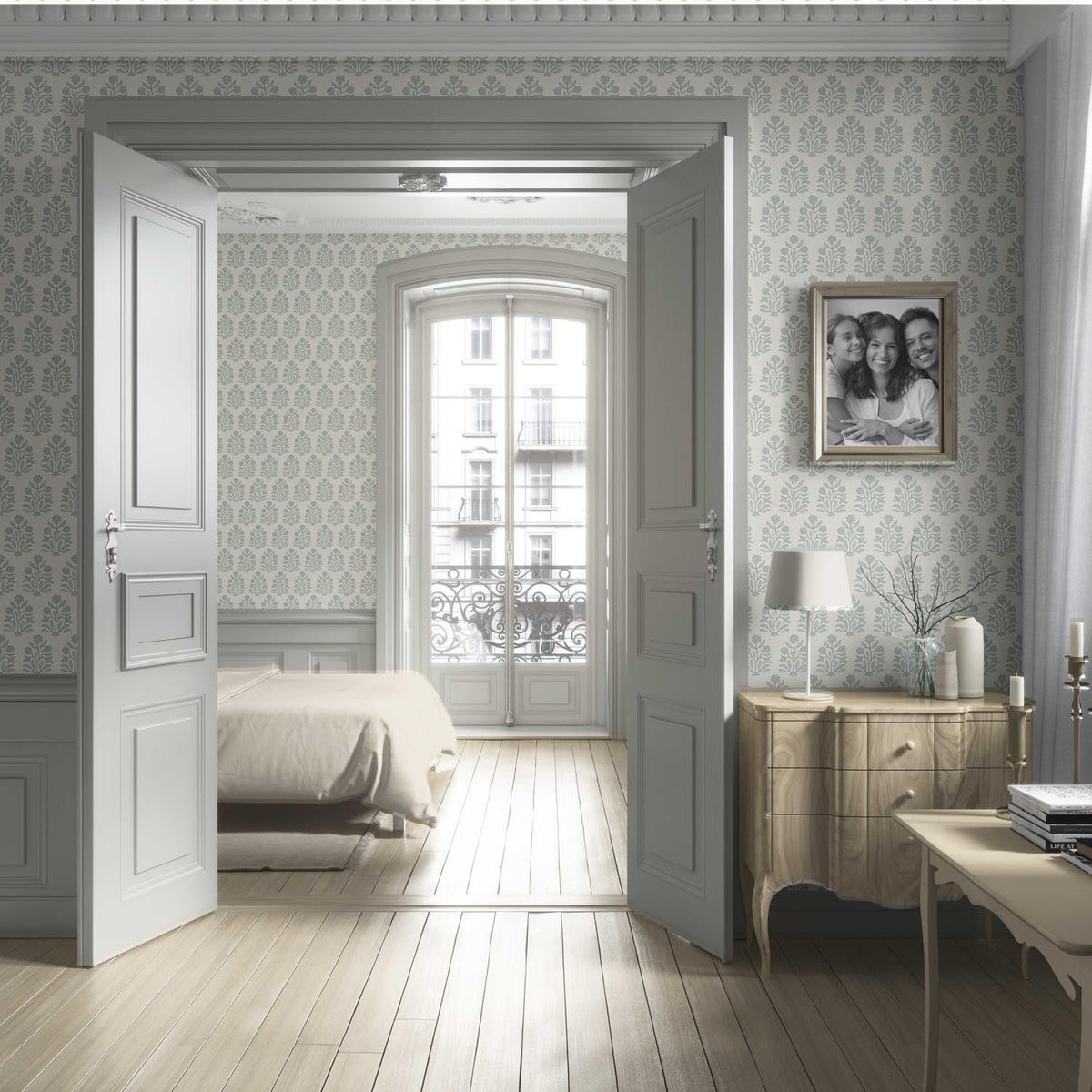 Vintage-Inspired Floral Block Print Living Room Wallpaper (Cream/ Sage Green)