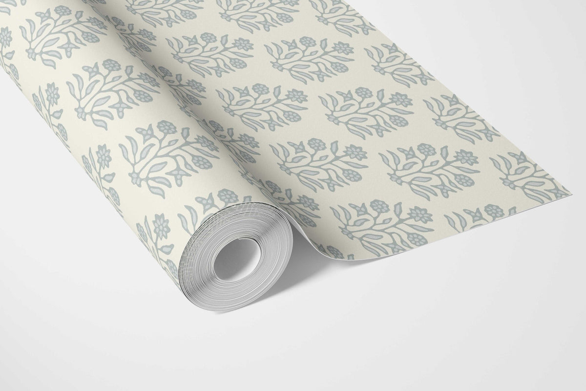 Vintage-Inspired Floral Block Print Bathroom Wallpaper (Cream/ Blue-Green)