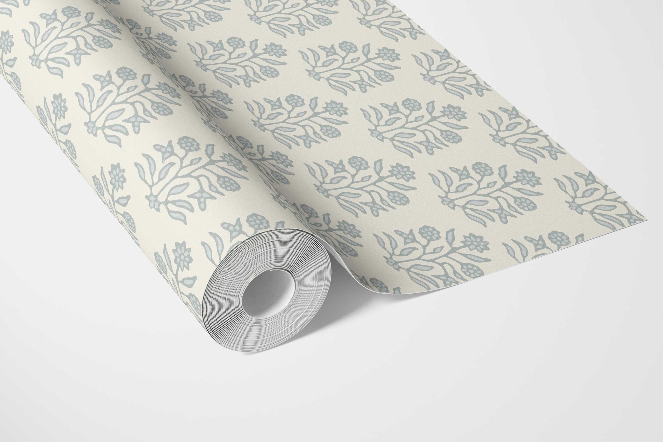 Vintage-Inspired Floral Block Print Bathroom Wallpaper Sample (Cream/ Blue-Green)
