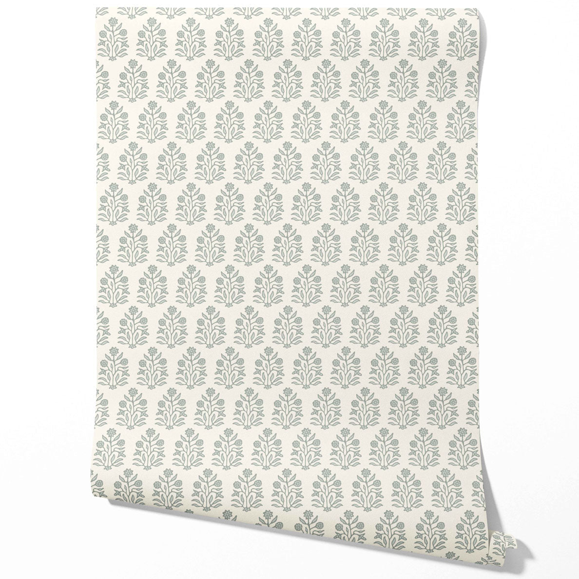 Neutral-Toned Botanical Floral Block Print Traditional Wallpaper Sample (Sage Gray/ Cream)