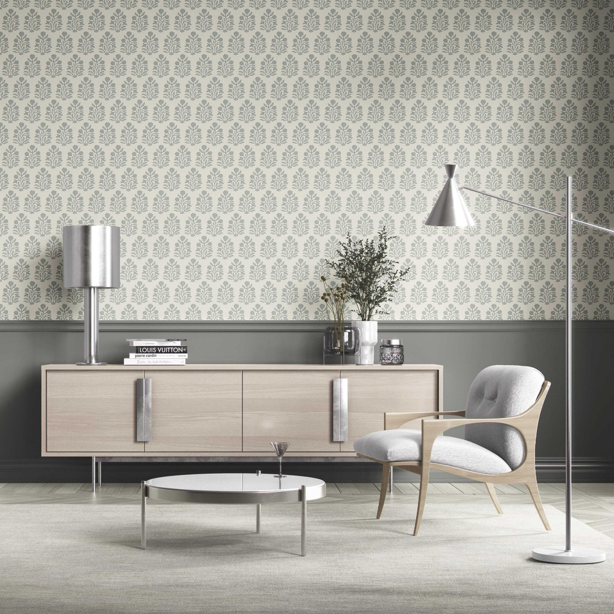 Neutral-Toned Botanical Floral Block Print Kitchen Wallpaper (Sage Gray/ Cream)