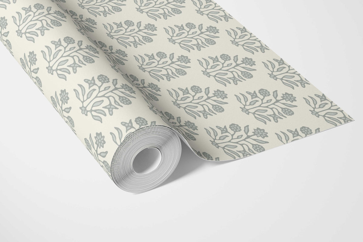 Neutral-Toned Botanical Floral Block Print Bathroom Wallpaper (Sage Gray/ Cream)
